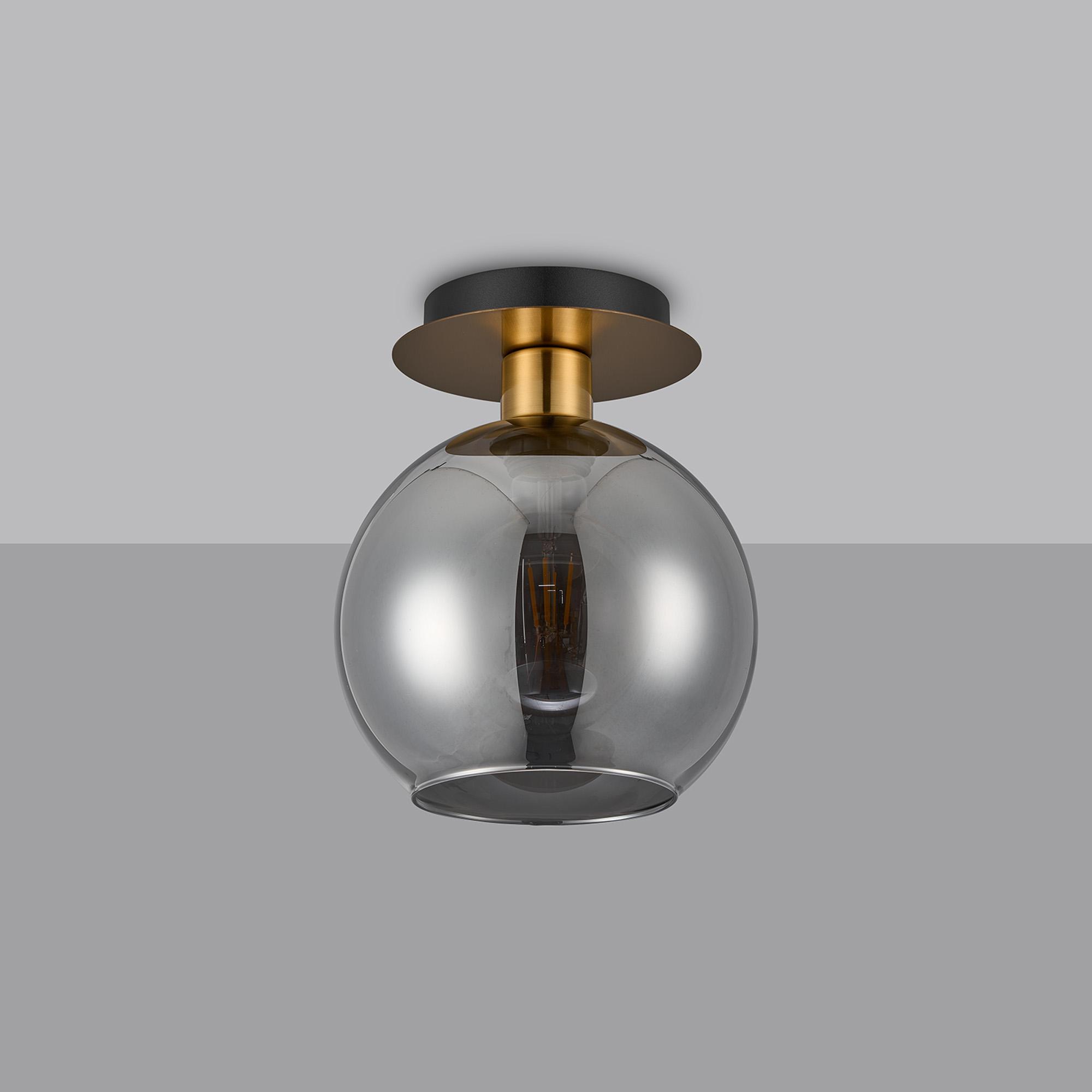 Lori 15cm Round Ceiling Flush, 1 Light Flush Fitting E27, Antique Gold/Smoke Open Mouth Round Globe Shades