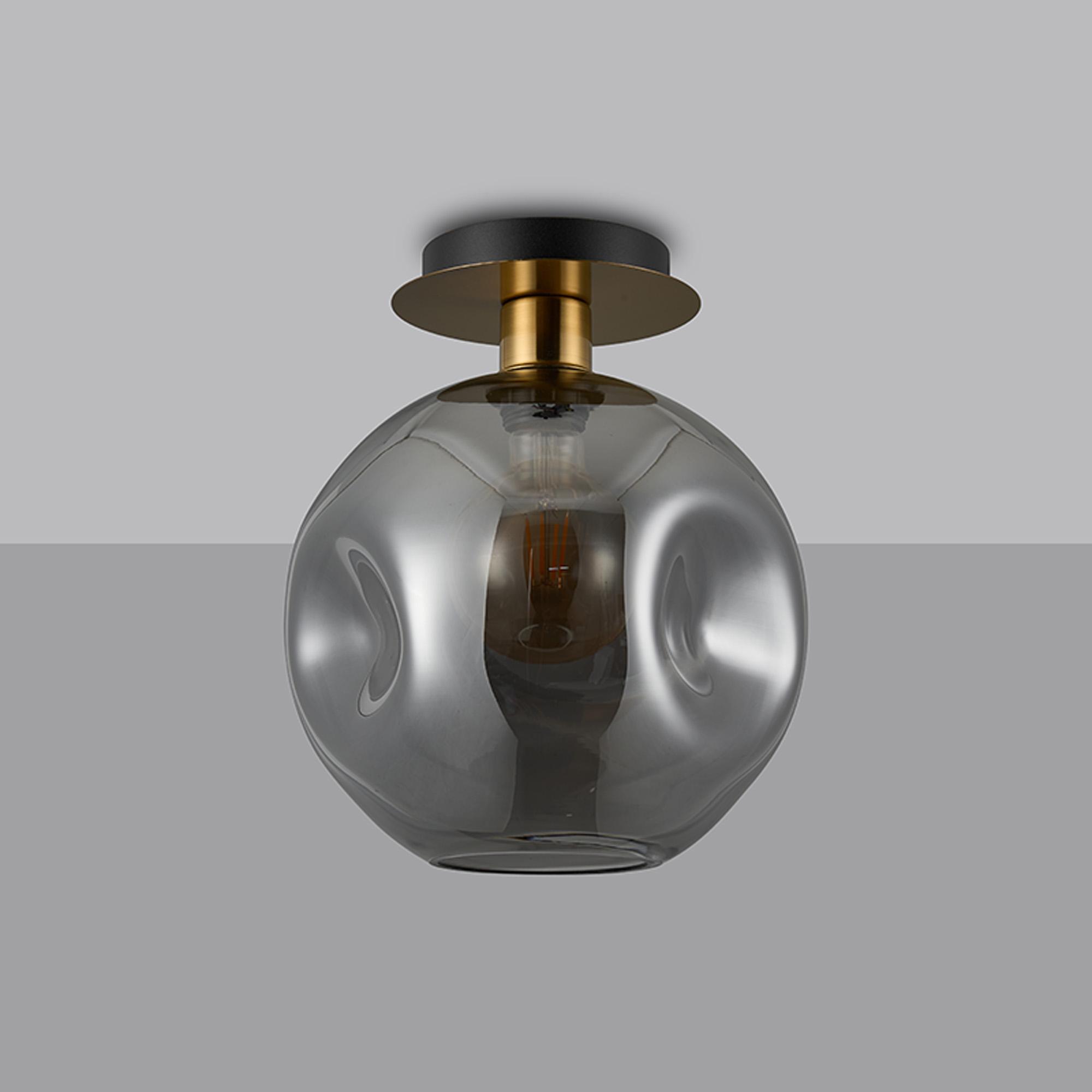 Lori 15cm Round Ceiling Flush, 1 Light Flush Fitting E27, Antique Gold/Smoke Round Dimple Shades