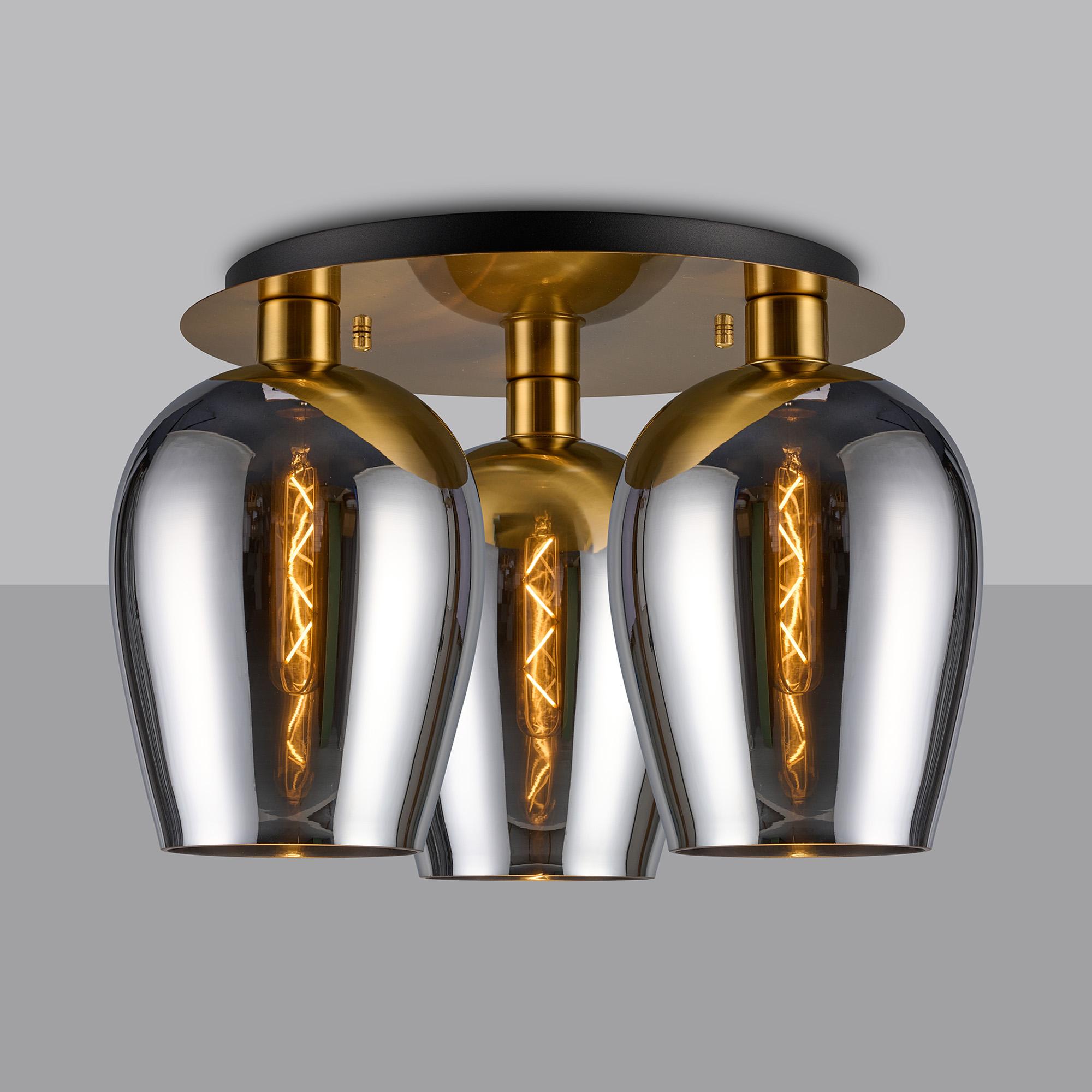 Lori 40cm Round Ceiling Flush, 3 Light Flush Fitting, Antique Gold/Chrome Wine Shades