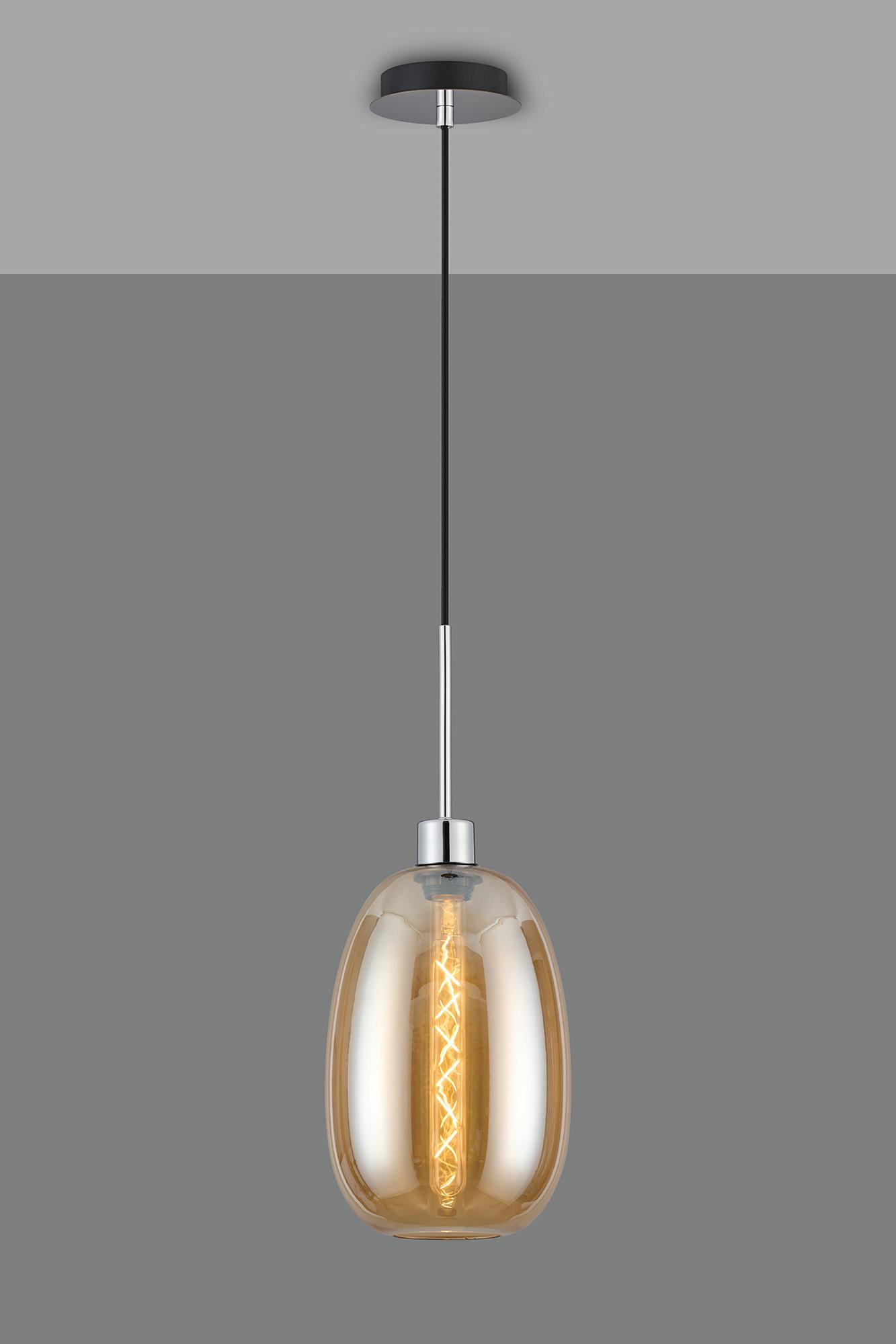 Lori 1.7m Single Pendant, 1 Light Adjustable E27, Polished Chrome/Amber Slim Curved Trapezium Shades