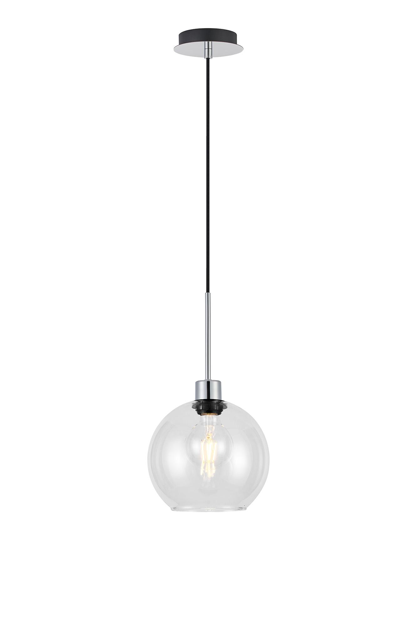 Lori 1.7m Single Pendant, 1 Light Adjustable E27, Polished Chrome/Clear Open Mouth Round Globe Shades