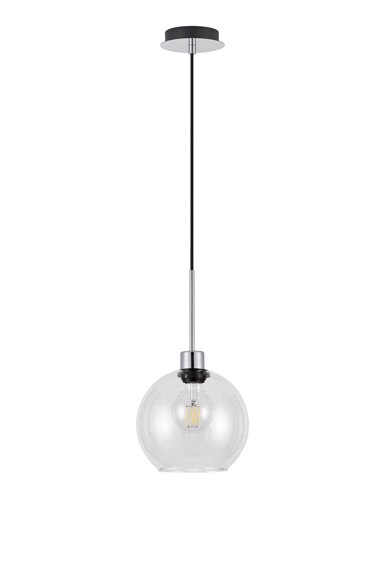 Lori 1.7m Single Pendant, 1 Light Adjustable E27, Polished Chrome/Clear Open Mouth Round Globe Shades