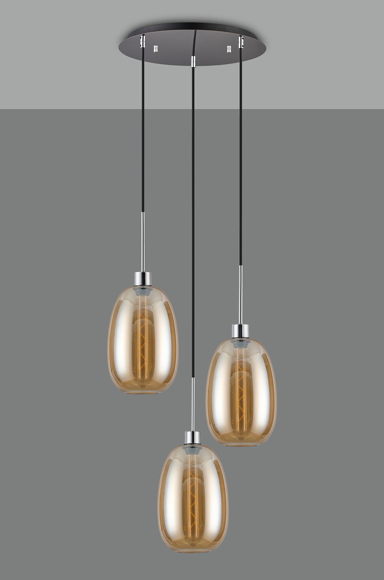Lori 40cm Round Pendant, 3 Light Adjustable E27, Polished Chrome/Amber Slim Curved Trapezium Shades