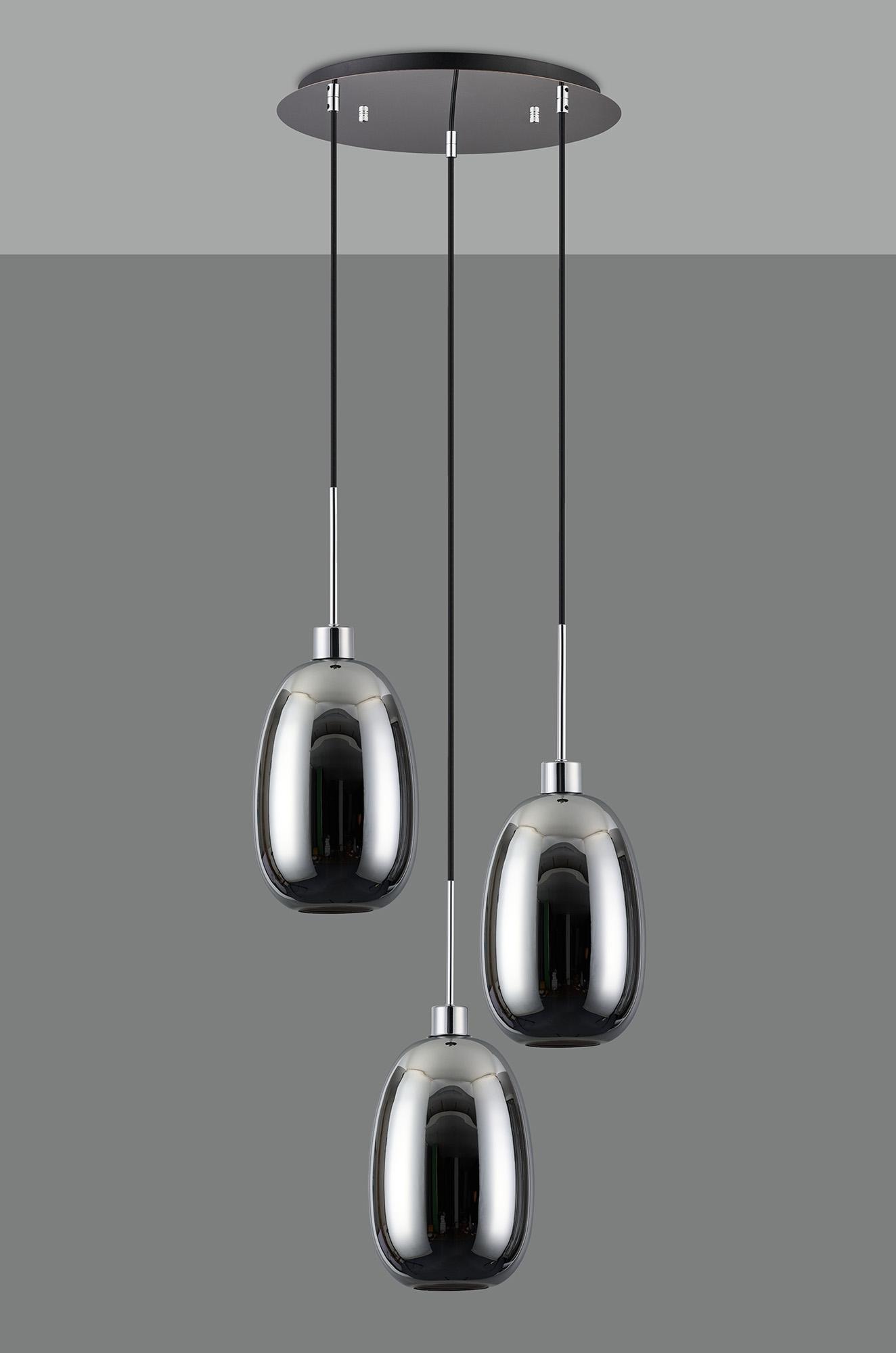 Lori 40cm Round Pendant, 3 Light Adjustable E27, Polished Chrome/Chrome Slim Curved Trapezium Shades