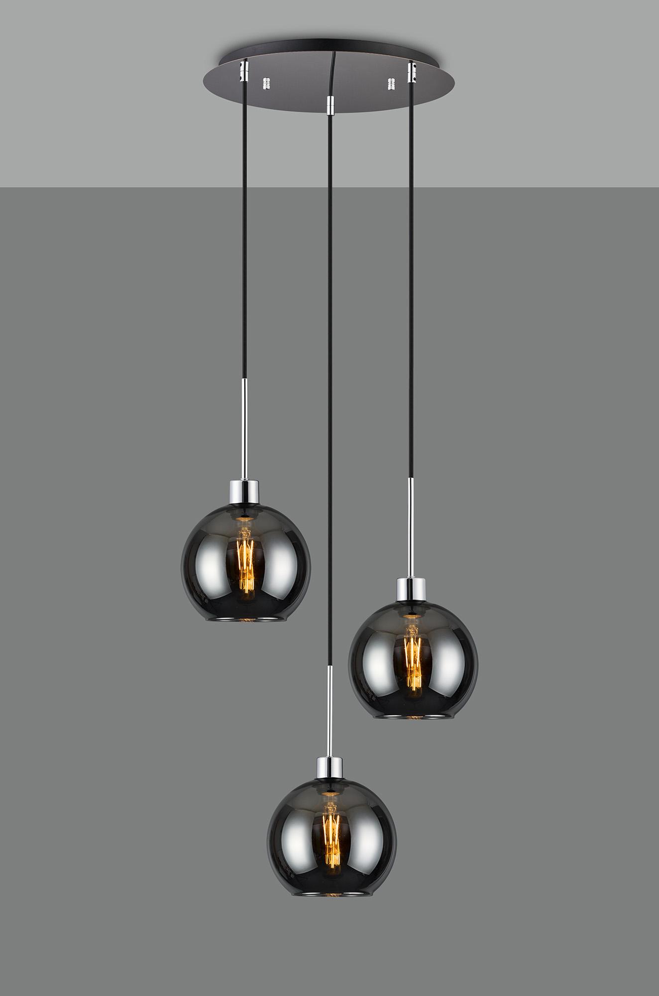 Lori 40cm Round Pendant, 3 Light Adjustable E27, Polished Chrome/Chrome Open Mouth Round Globe Shades
