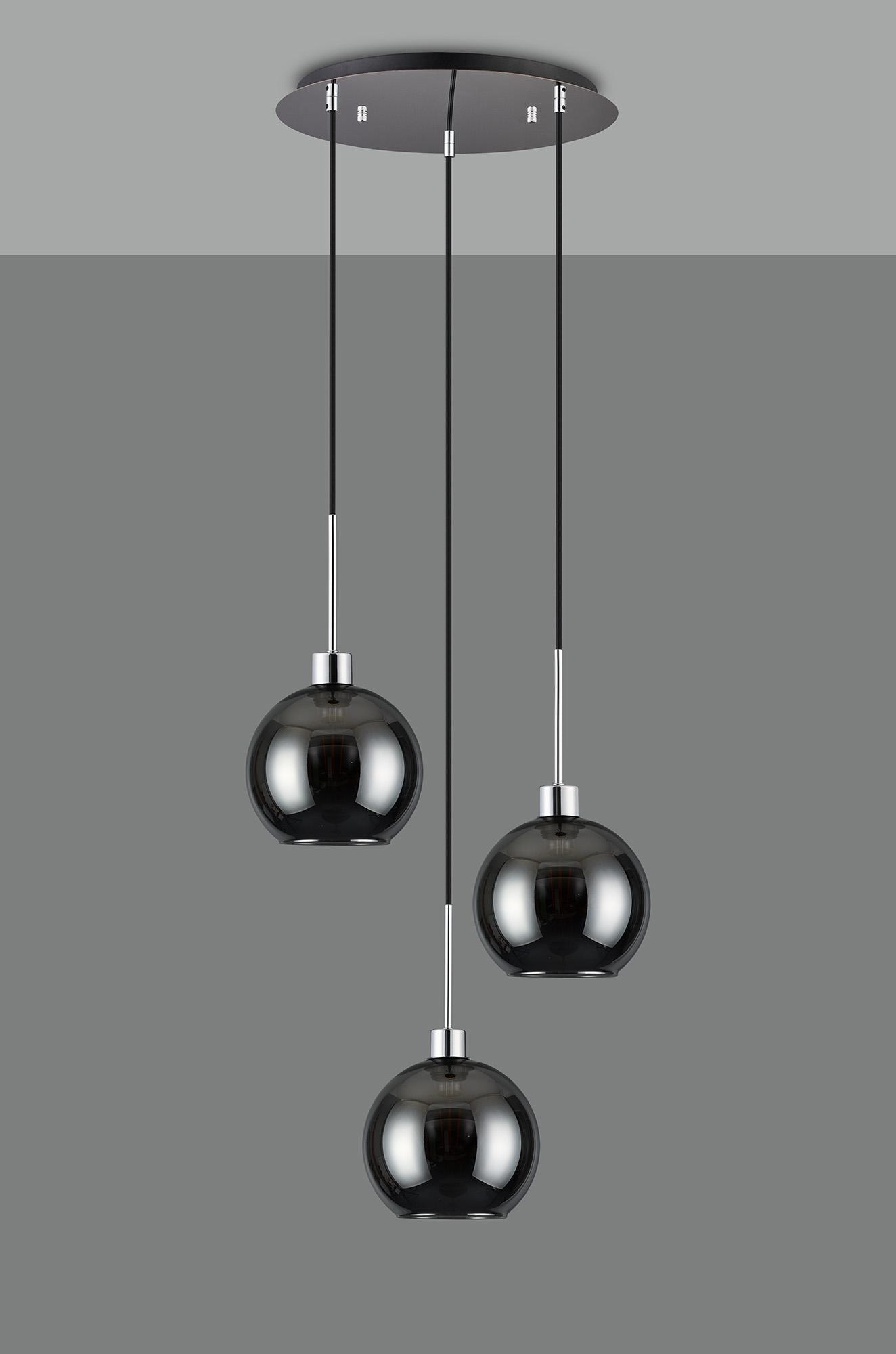 Lori 40cm Round Pendant, 3 Light Adjustable E27, Polished Chrome/Chrome Open Mouth Round Globe Shades