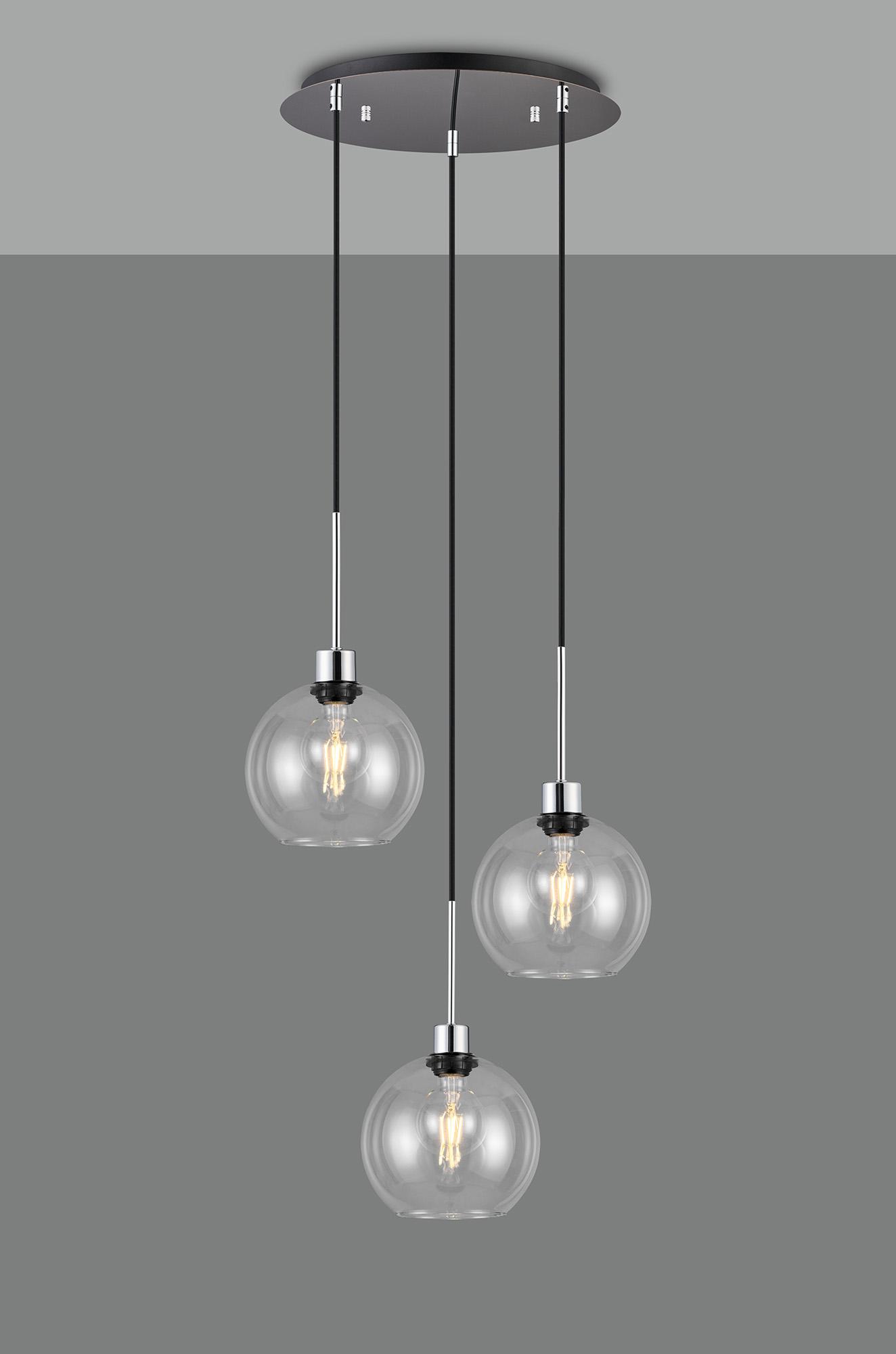 Lori 40cm Round Pendant, 3 Light Adjustable E27, Polished Chrome/Clear Open Mouth Round Globe Shades