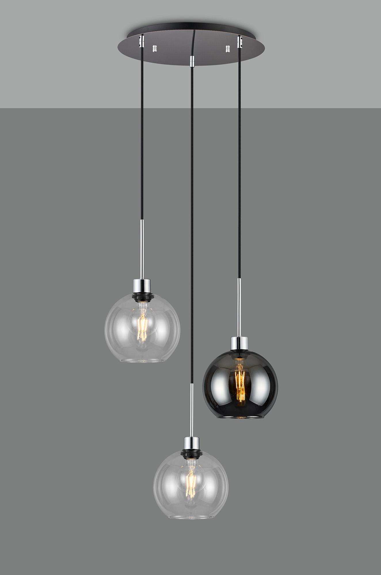 Lori 40cm Round Pendant, 3 Light Adjustable E27, Polished Chrome/Clear/Smoke Open Mouth Round Globe Shades