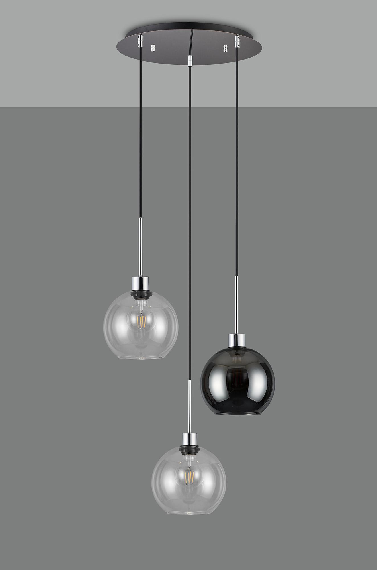 Lori 40cm Round Pendant, 3 Light Adjustable E27, Polished Chrome/Clear/Smoke Open Mouth Round Globe Shades