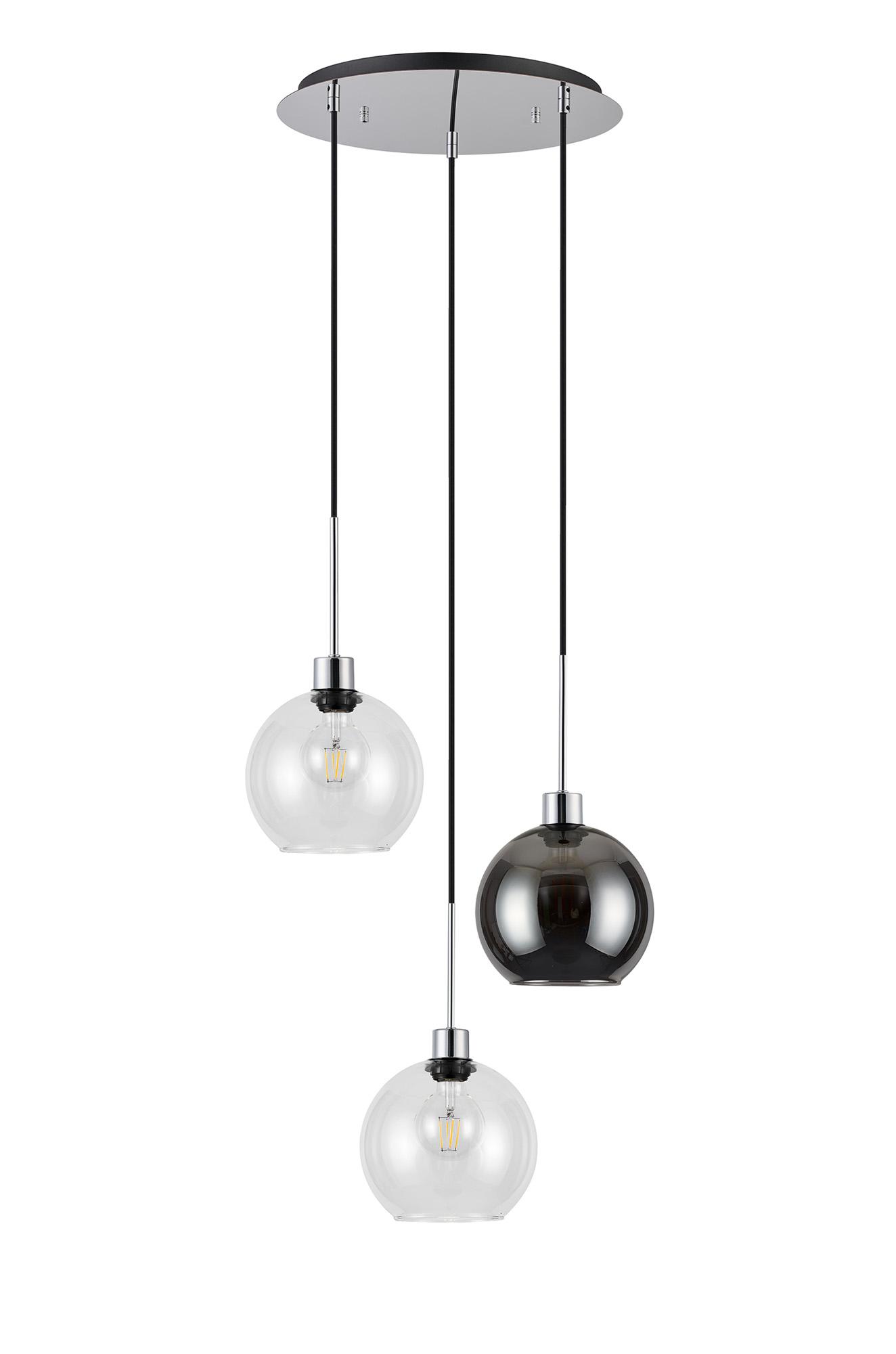 Lori 40cm Round Pendant, 3 Light Adjustable E27, Polished Chrome/Clear/Smoke Open Mouth Round Globe Shades