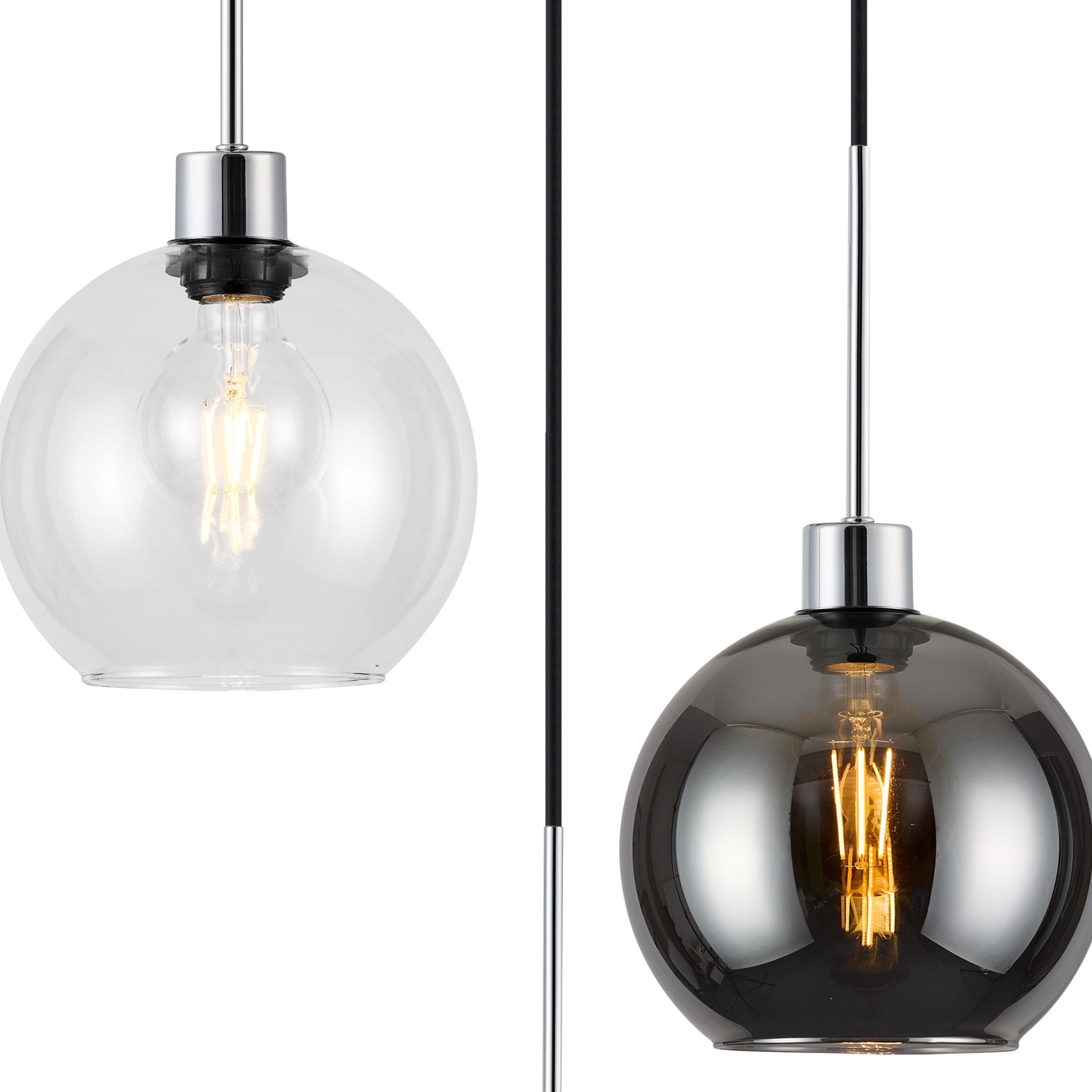 Lori 40cm Round Pendant, 3 Light Adjustable E27, Polished Chrome/Clear/Smoke Open Mouth Round Globe Shades