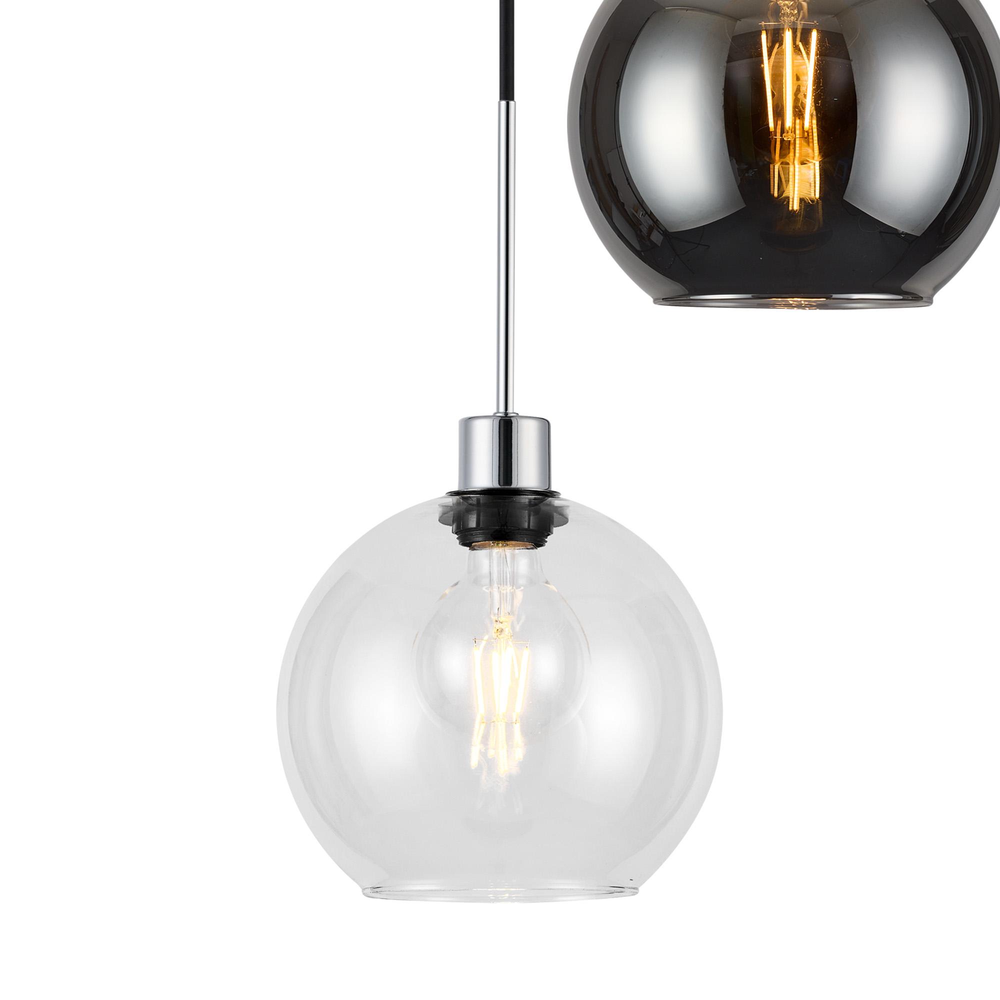 Lori 40cm Round Pendant, 3 Light Adjustable E27, Polished Chrome/Clear/Smoke Open Mouth Round Globe Shades