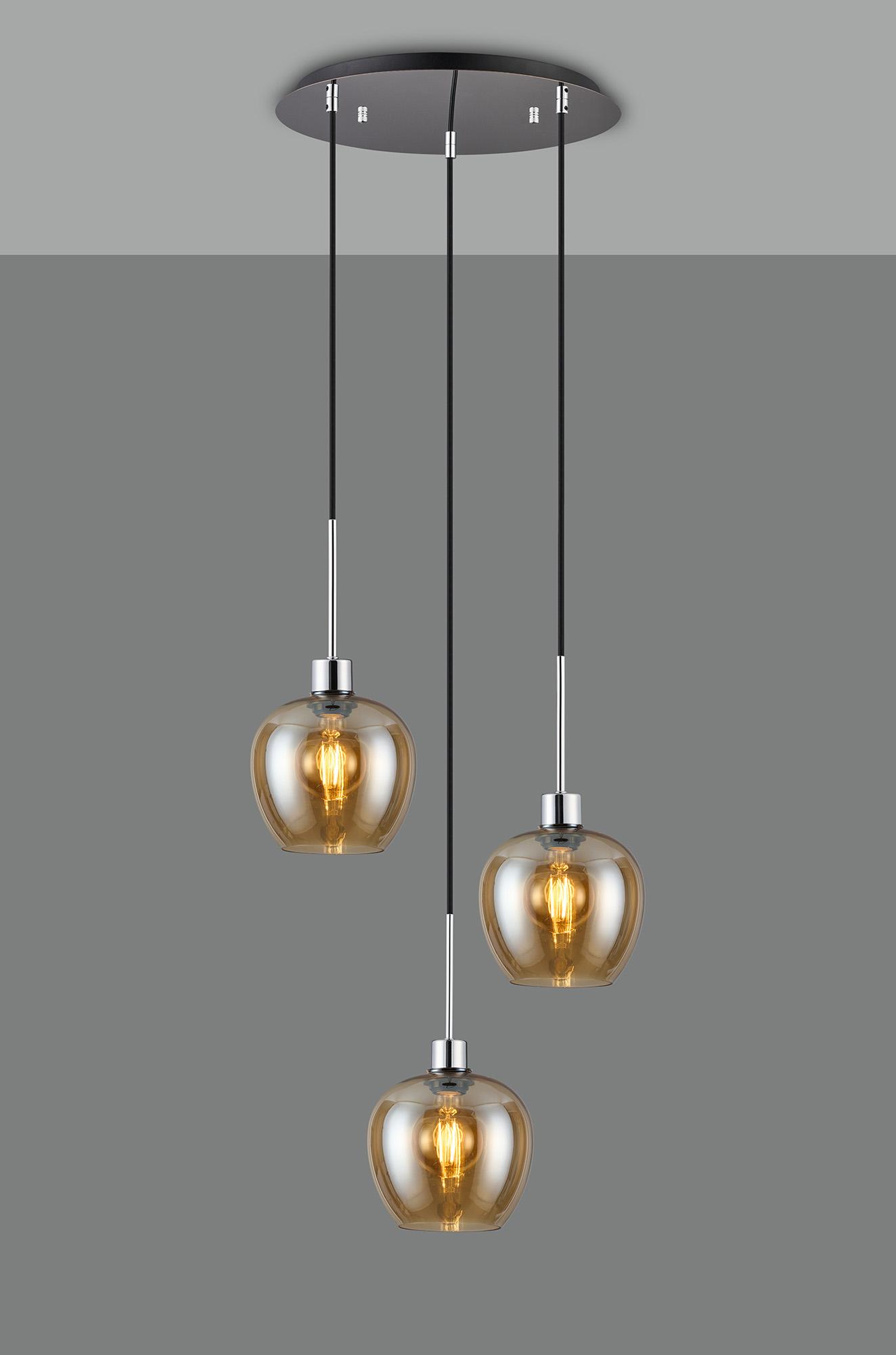 Lori 40cm Round Pendant, 3 Light Adjustable E27, Polished Chrome/Amber Wine Shades