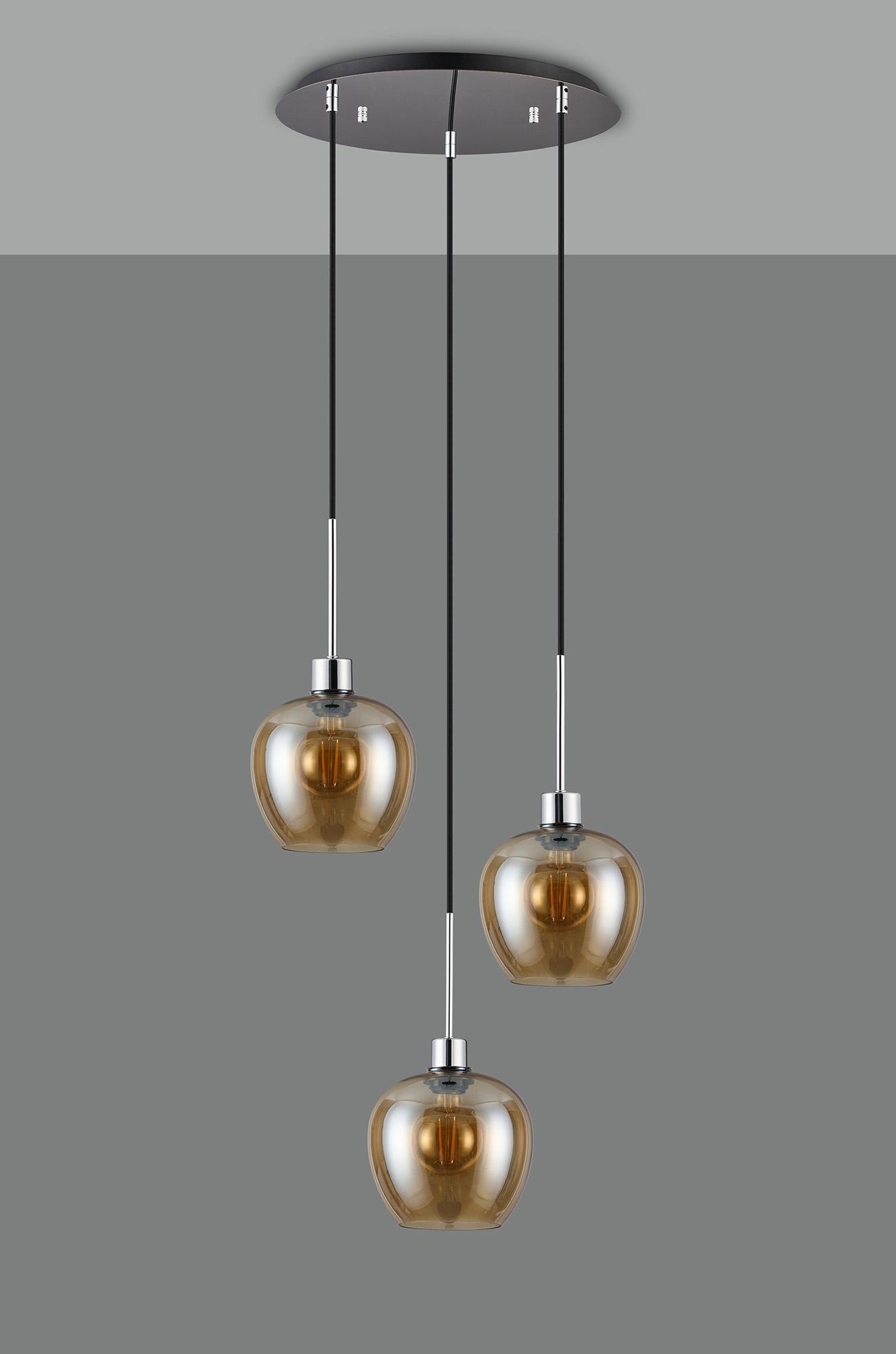 Lori 40cm Round Pendant, 3 Light Adjustable E27, Polished Chrome/Amber Wine Shades