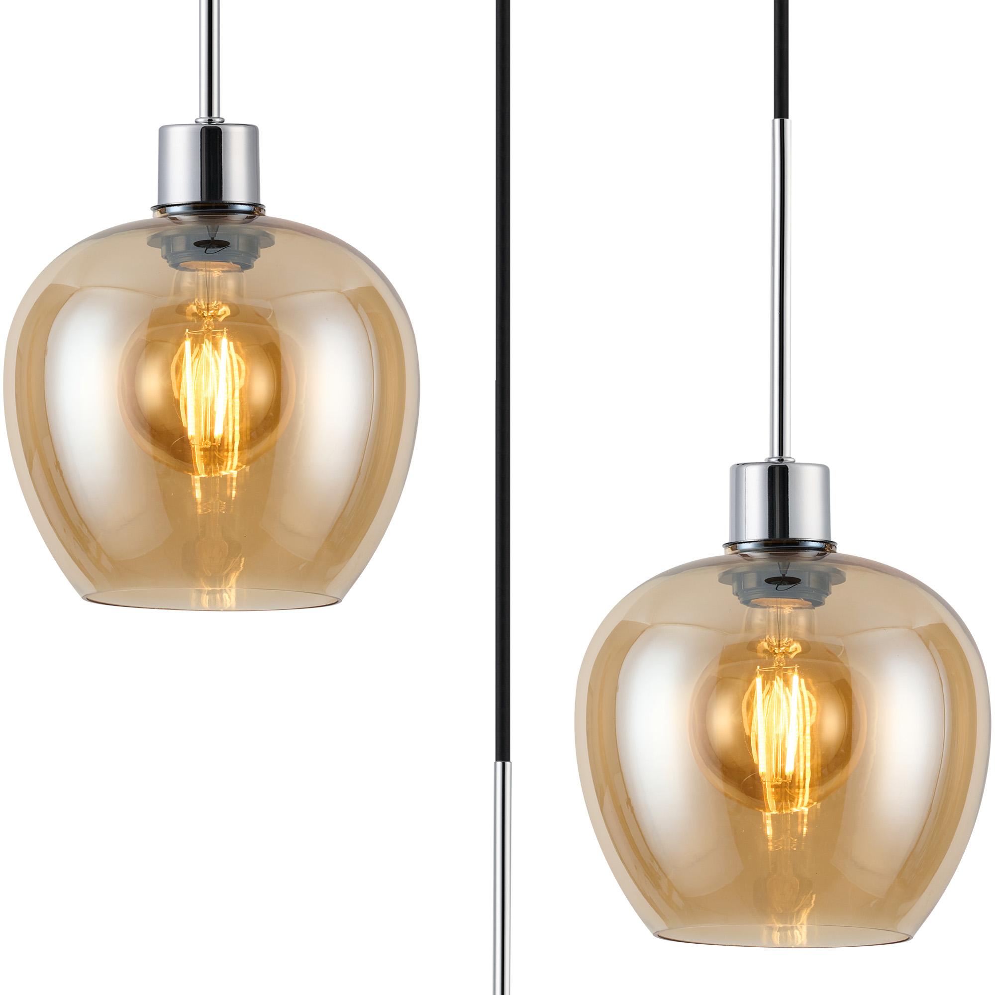 Lori 40cm Round Pendant, 3 Light Adjustable E27, Polished Chrome/Amber Wine Shades