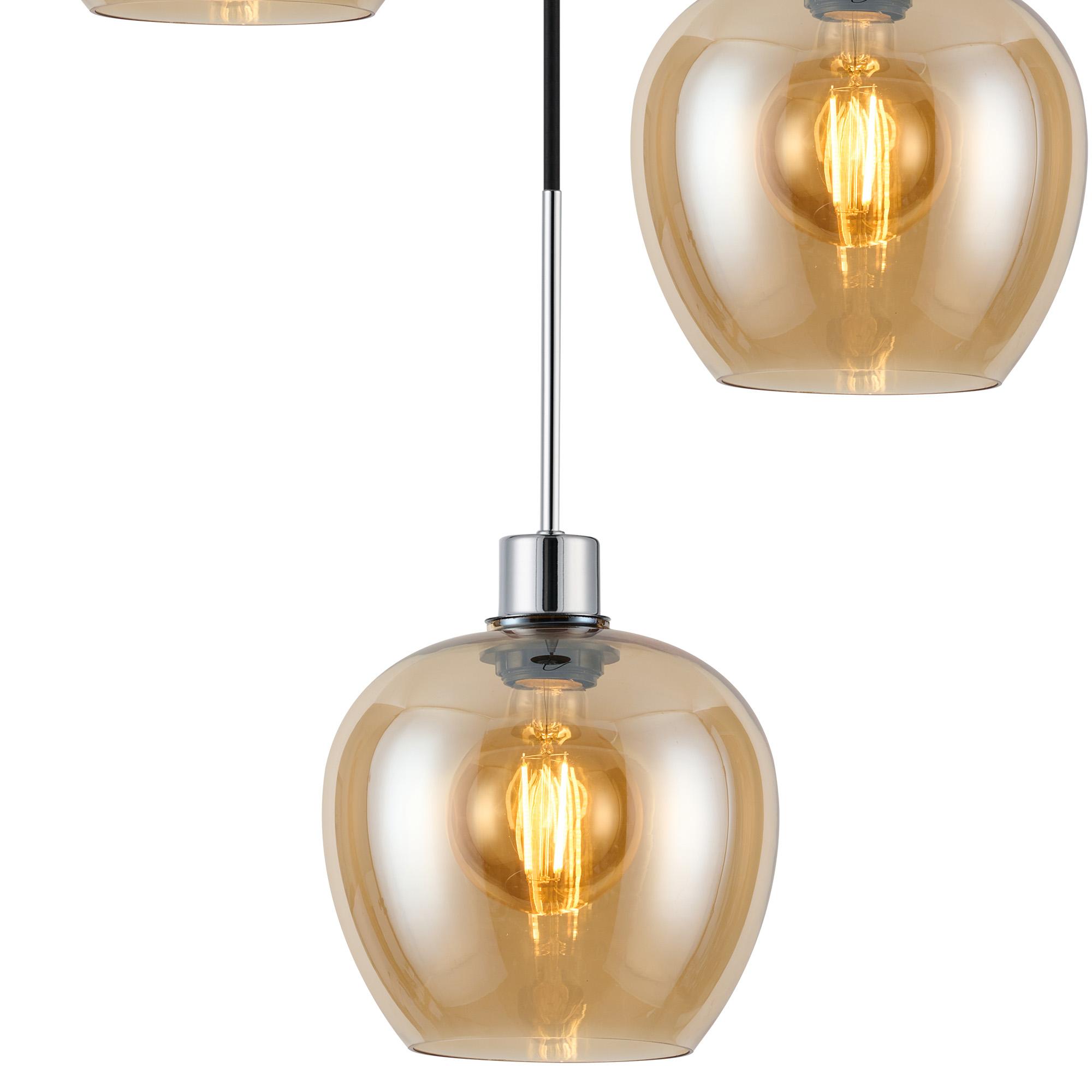 Lori 40cm Round Pendant, 3 Light Adjustable E27, Polished Chrome/Amber Wine Shades