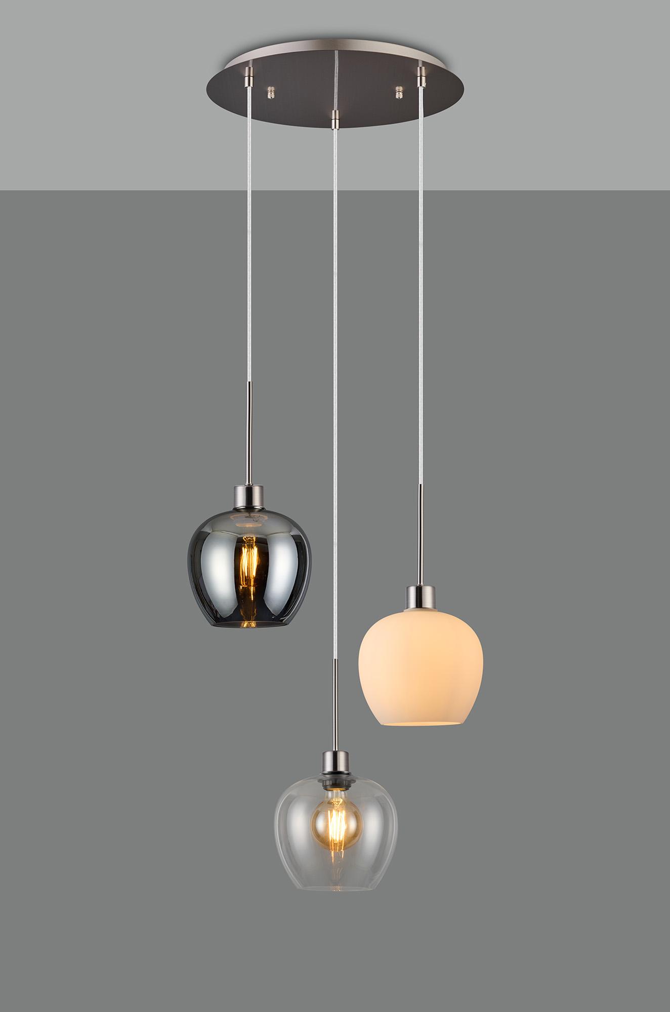 Lori 40cm Round Pendant, 3 Light Adjustable E27, Polished Chrome/Chrome/Opal/Clear Wine Shades