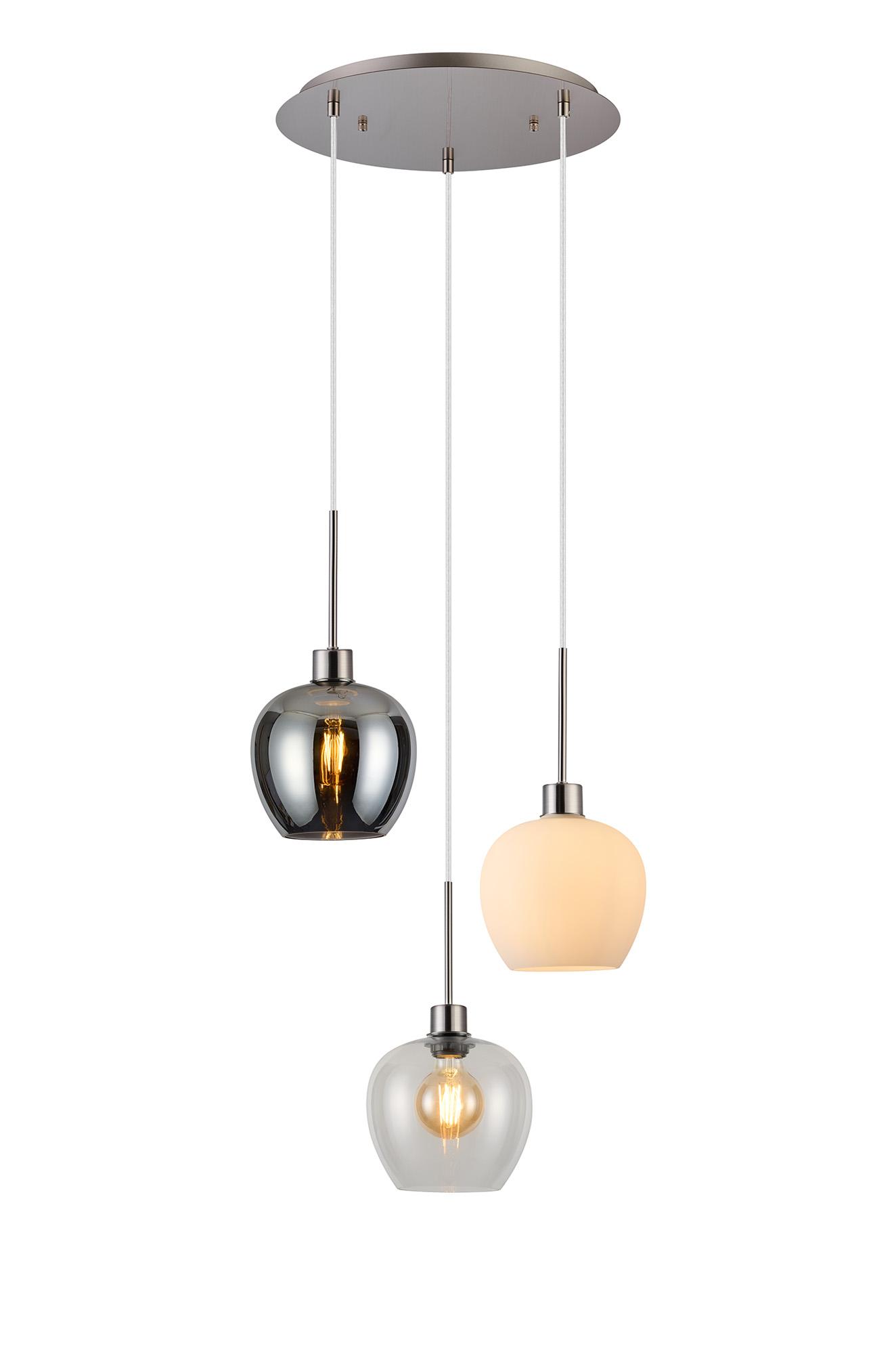 Lori 40cm Round Pendant, 3 Light Adjustable E27, Polished Chrome/Chrome/Opal/Clear Wine Shades