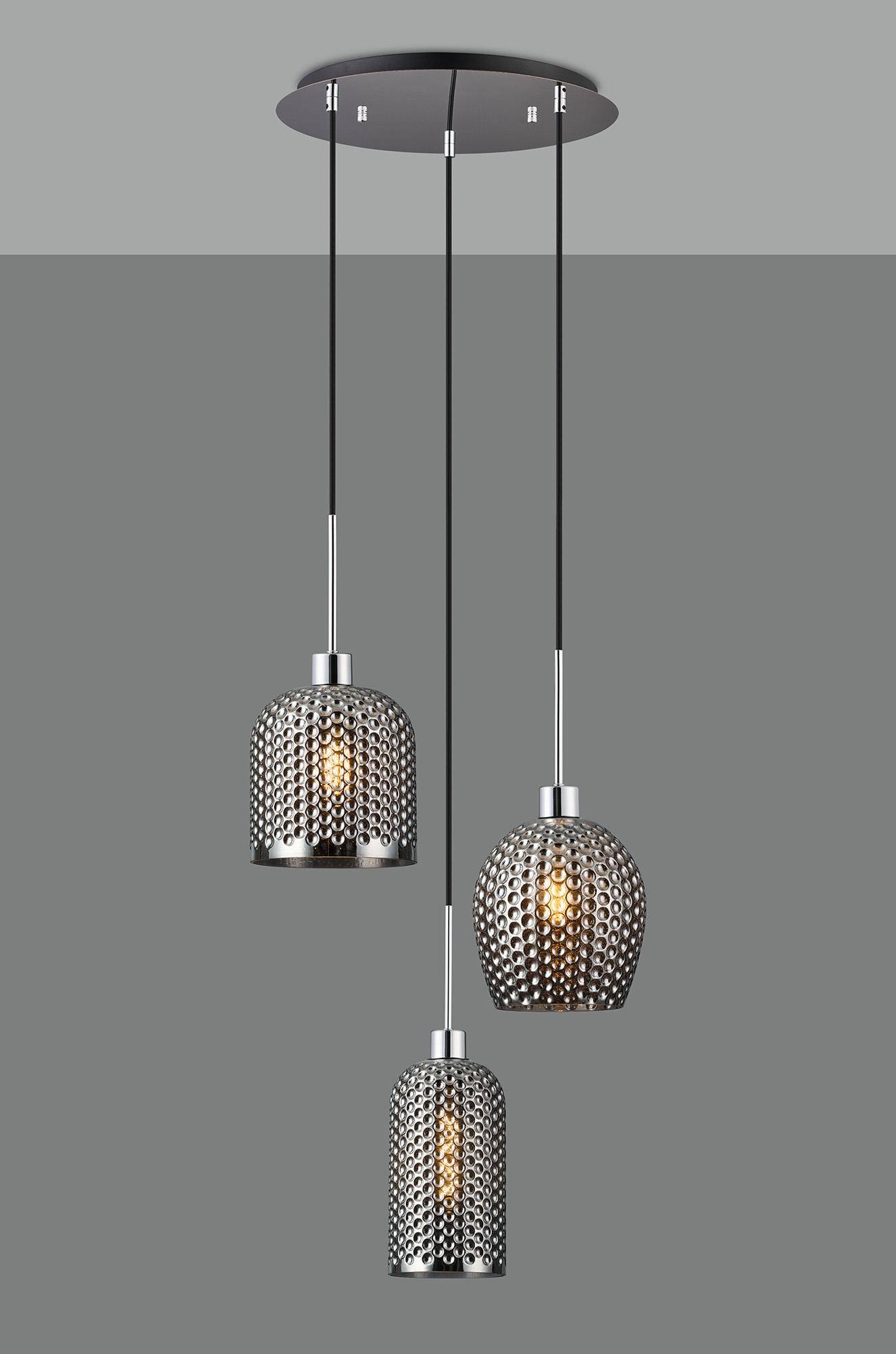 Lori 40cm Round Pendant, 3 Light Adjustable E27, Polished Chrome/Matt Grey Various Patterned & Wine Shades