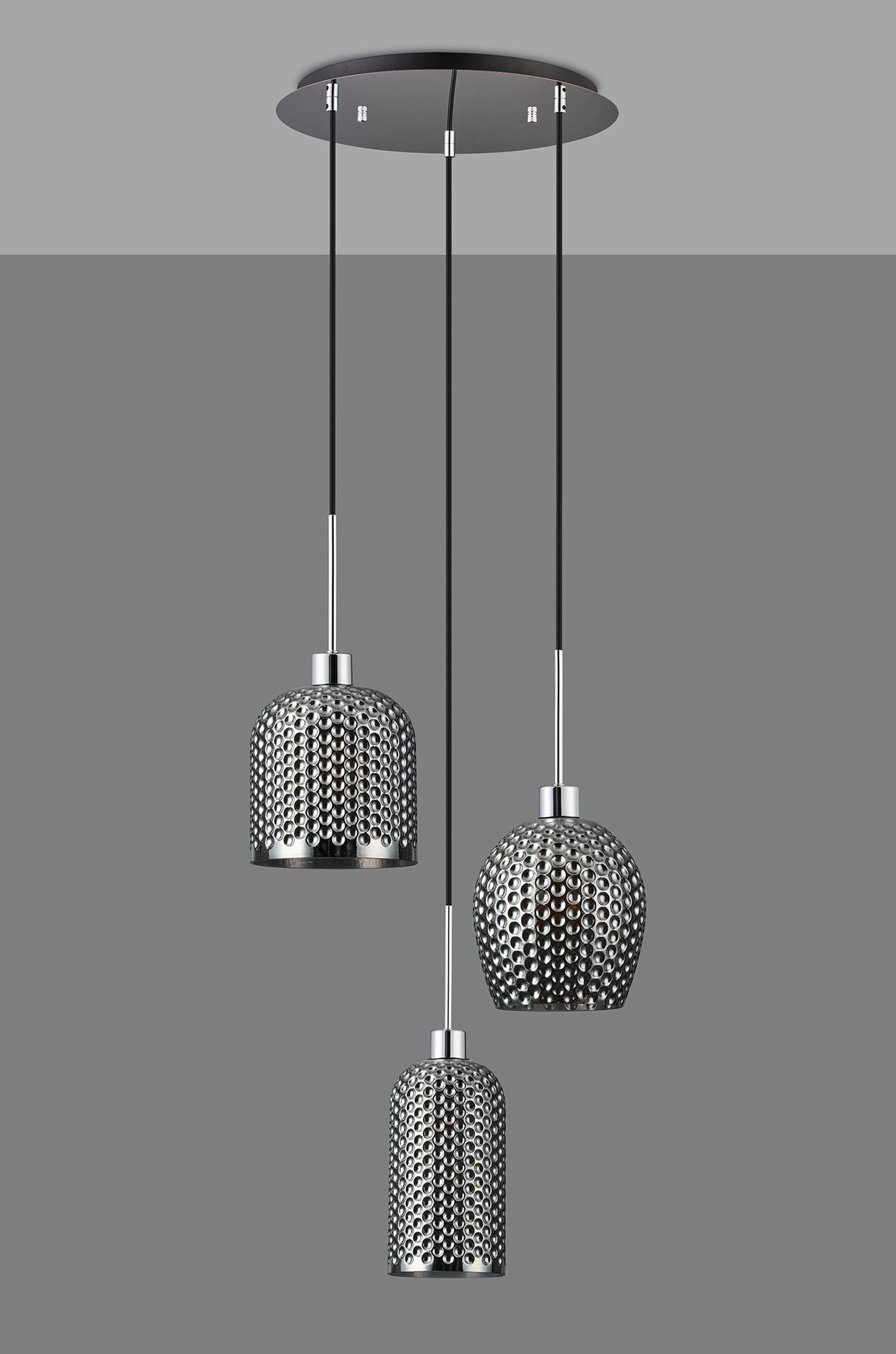 Lori 40cm Round Pendant, 3 Light Adjustable E27, Polished Chrome/Matt Grey Various Patterned & Wine Shades
