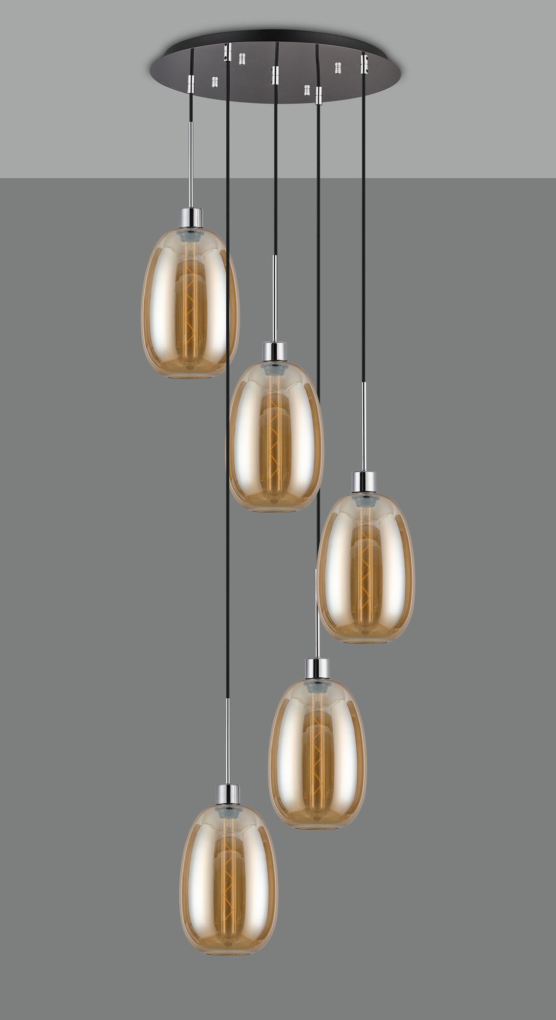 Lori 45cm Round Pendant, 5 Light Adjustable E27, Polished Chrome/Amber Slim Curved Trapezium Shades