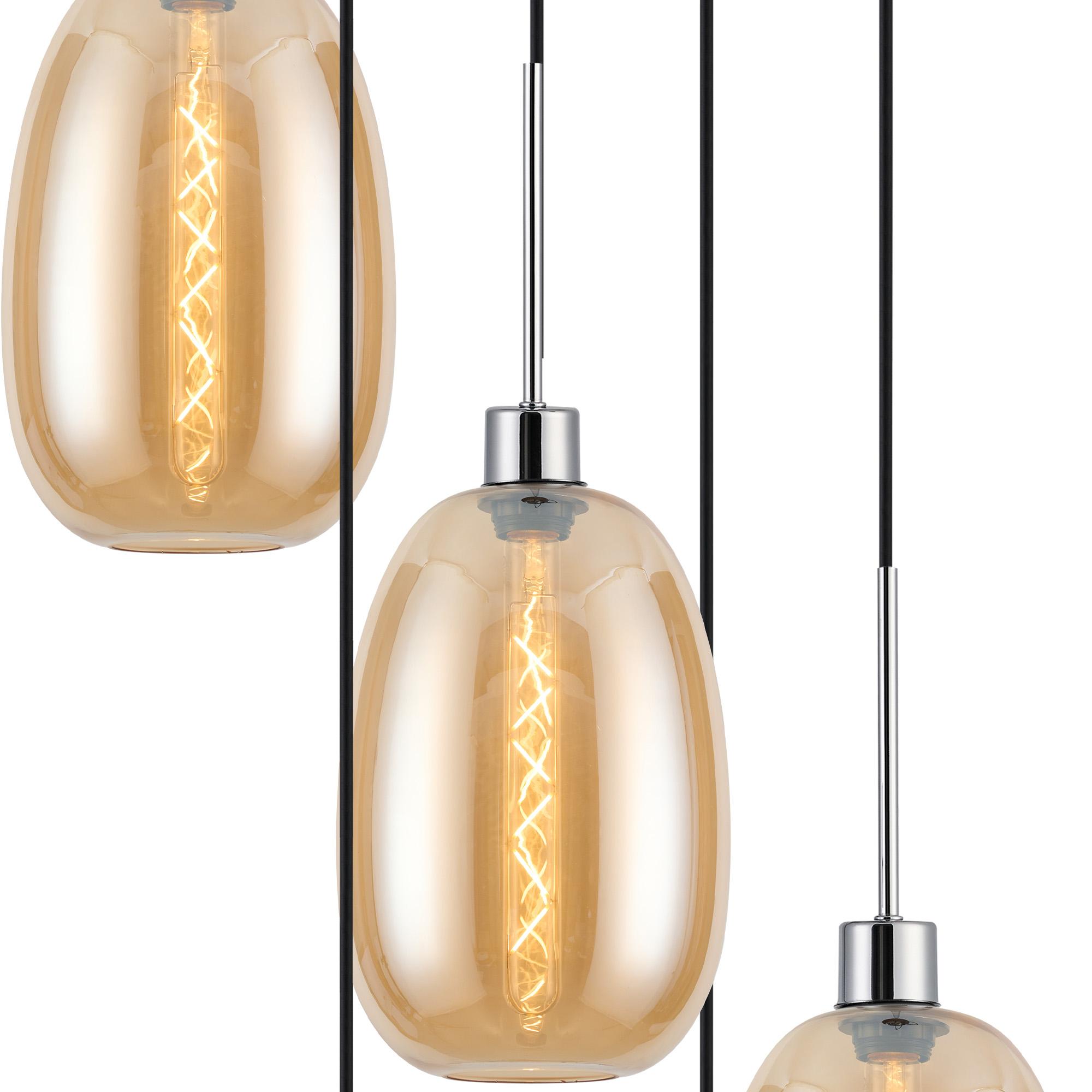 Lori 45cm Round Pendant, 5 Light Adjustable E27, Polished Chrome/Amber Slim Curved Trapezium Shades