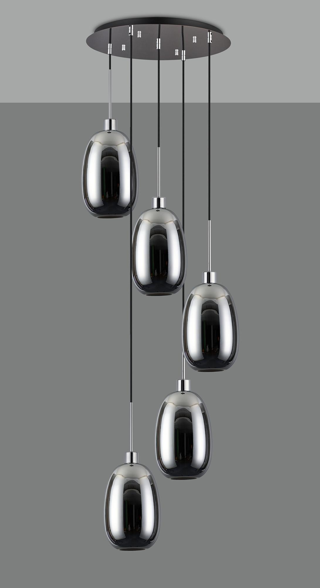 Lori 45cm Round Pendant, 5 Light Adjustable E27, Polished Chrome/Chrome Slim Curved Trapezium Shades