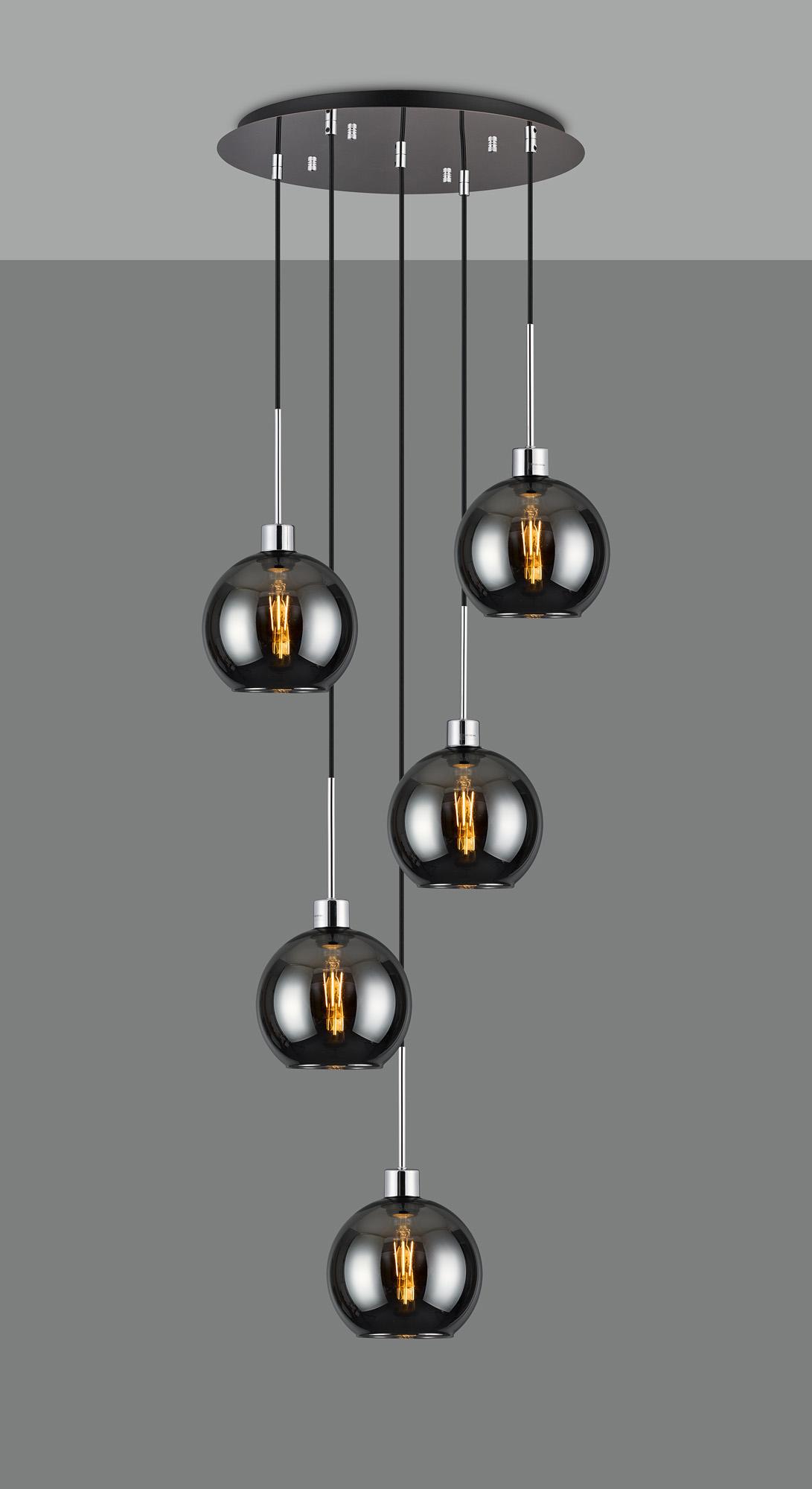 Lori 45cm Round Pendant, 5 Light Adjustable E27, Polished Chrome/Chrome Open Mouth Round Globe Shades
