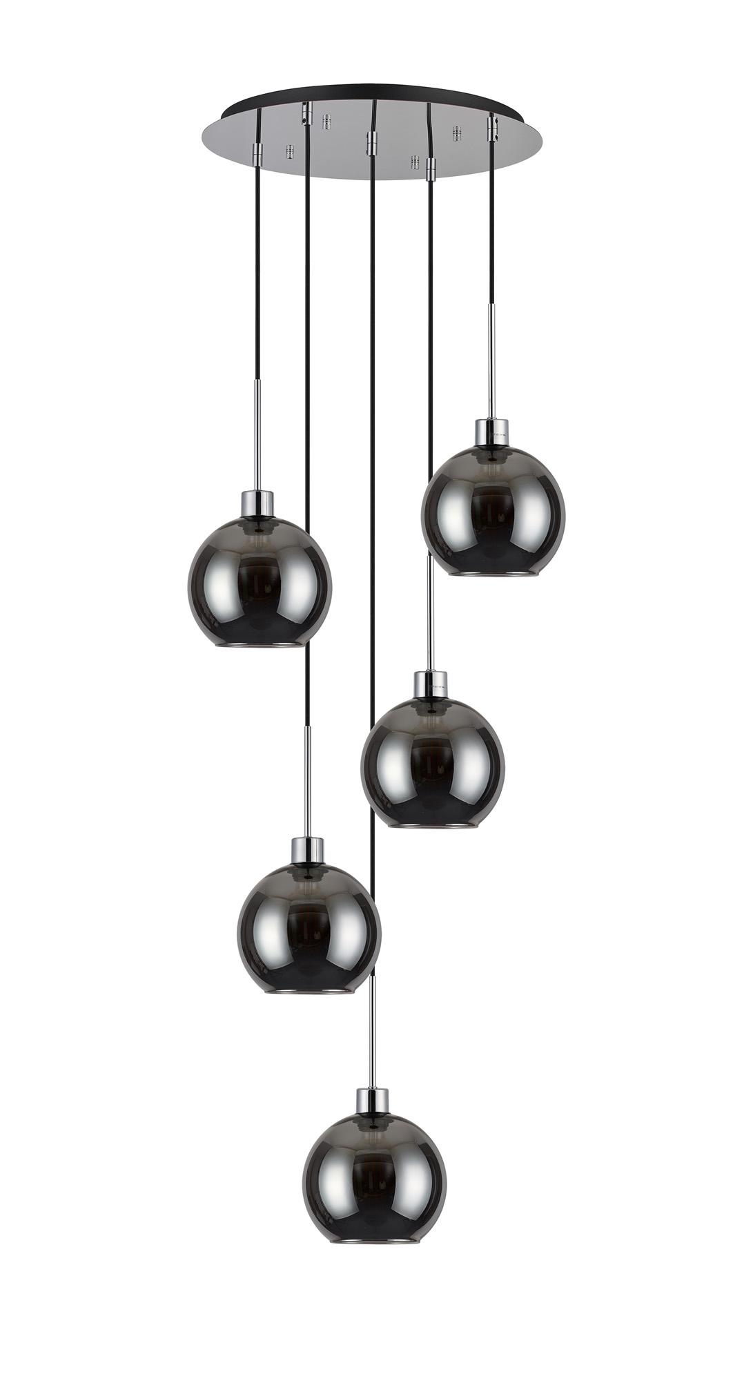 Lori 45cm Round Pendant, 5 Light Adjustable E27, Polished Chrome/Chrome Open Mouth Round Globe Shades
