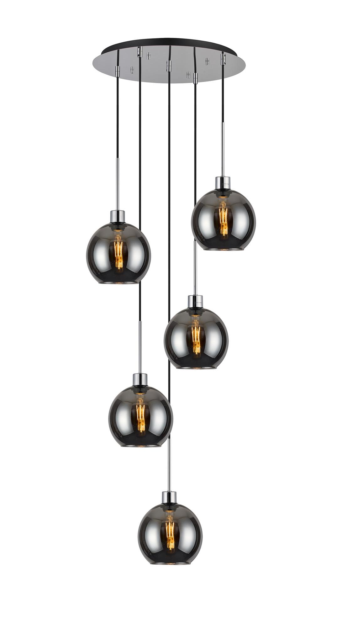 Lori 45cm Round Pendant, 5 Light Adjustable E27, Polished Chrome/Chrome Open Mouth Round Globe Shades