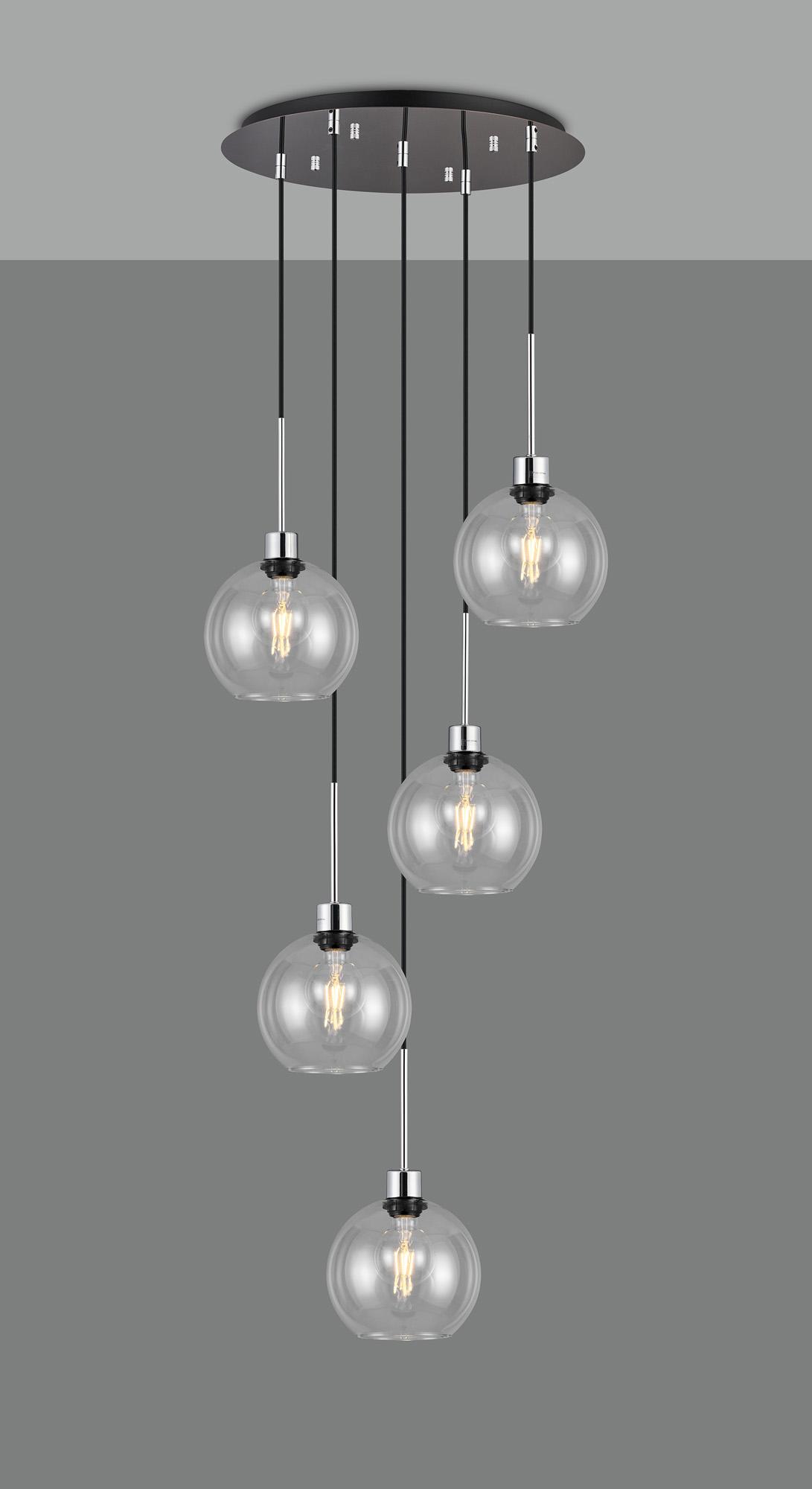 Lori 45cm Round Pendant, 5 Light Adjustable E27, Polished Chrome/Clear Open Mouth Round Globe Shades