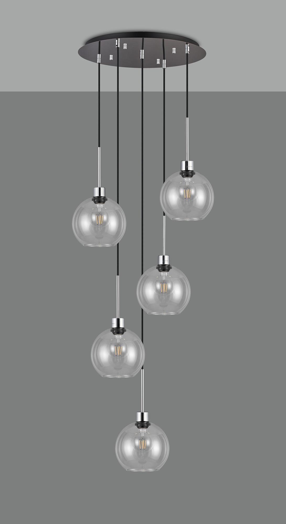 Lori 45cm Round Pendant, 5 Light Adjustable E27, Polished Chrome/Clear Open Mouth Round Globe Shades