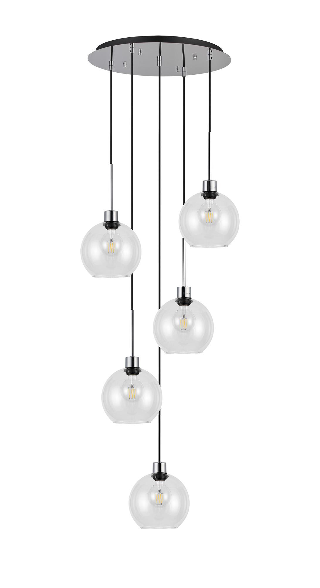 Lori 45cm Round Pendant, 5 Light Adjustable E27, Polished Chrome/Clear Open Mouth Round Globe Shades