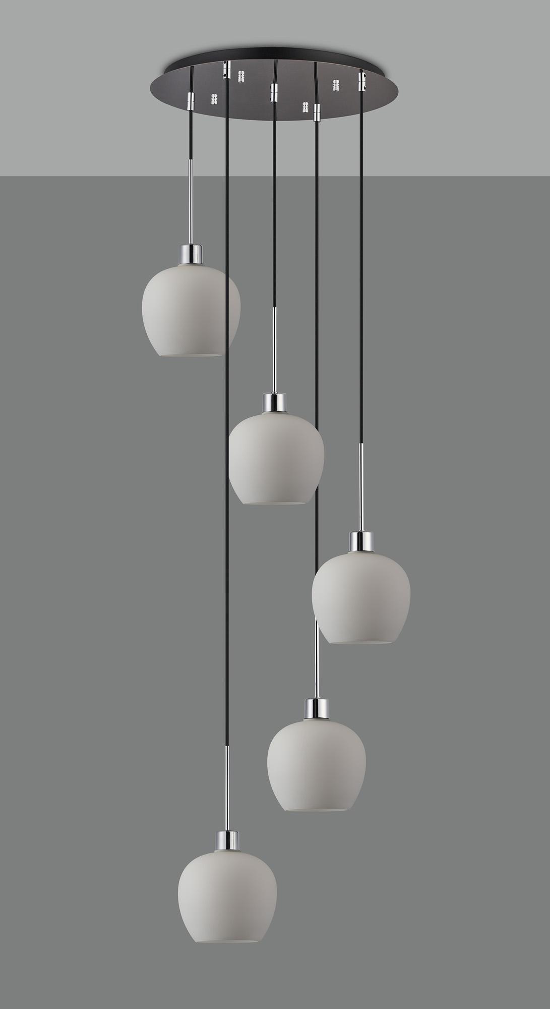 Lori 45cm Round Pendant, 5 Light Adjustable E27, Polished Chrome/Opal Wine Shades