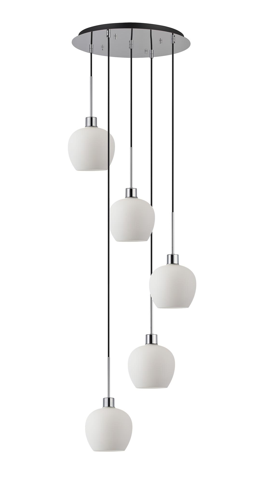Lori 45cm Round Pendant, 5 Light Adjustable E27, Polished Chrome/Opal Wine Shades