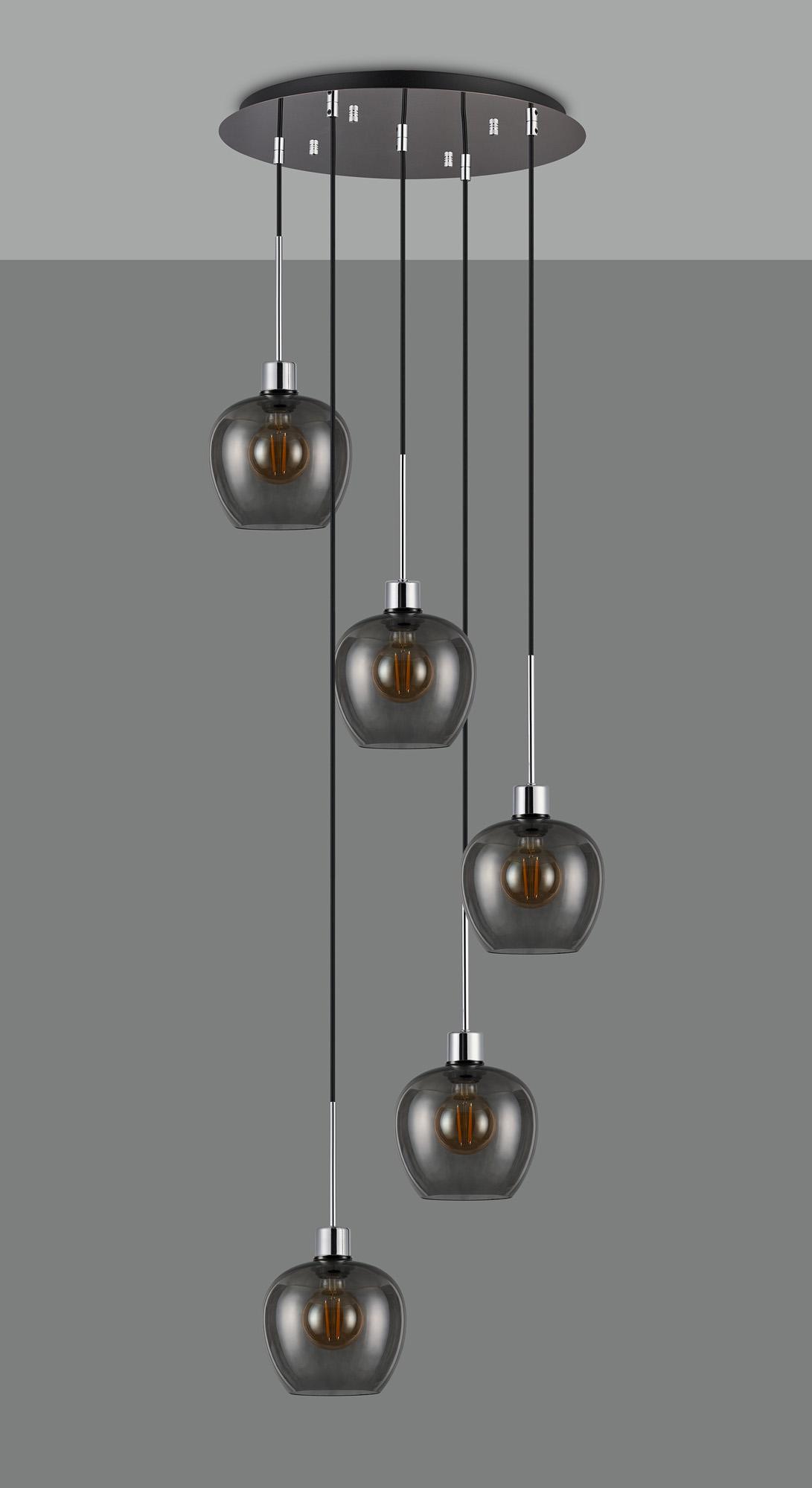 Lori 45cm Round Pendant, 5 Light Adjustable E27, Polished Chrome/Smoke Wine Shades