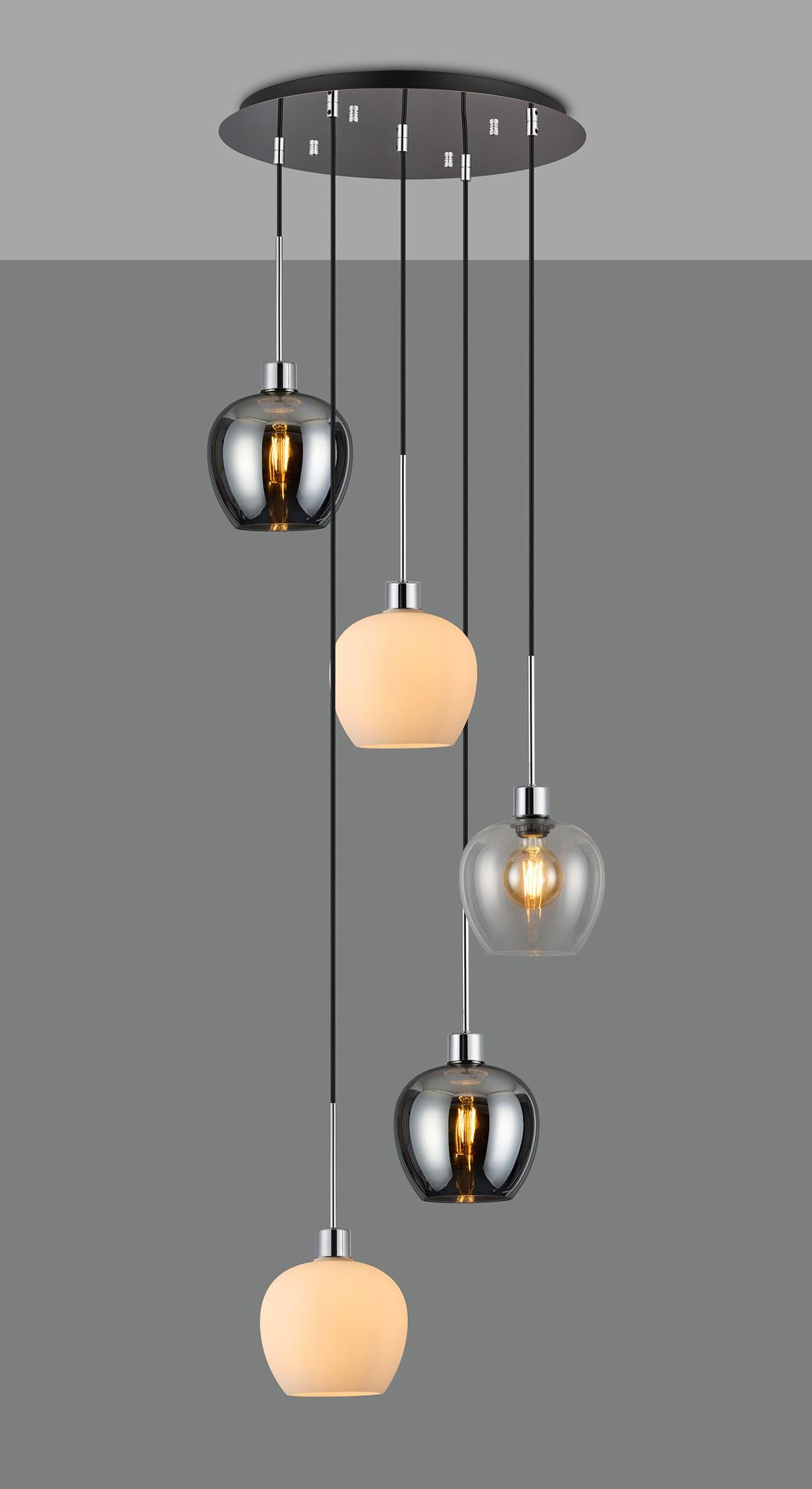 Lori 45cm Round Pendant, 5 Light Adjustable E27, Polished Chrome/Chrome/Opal/Clear Wine Shades