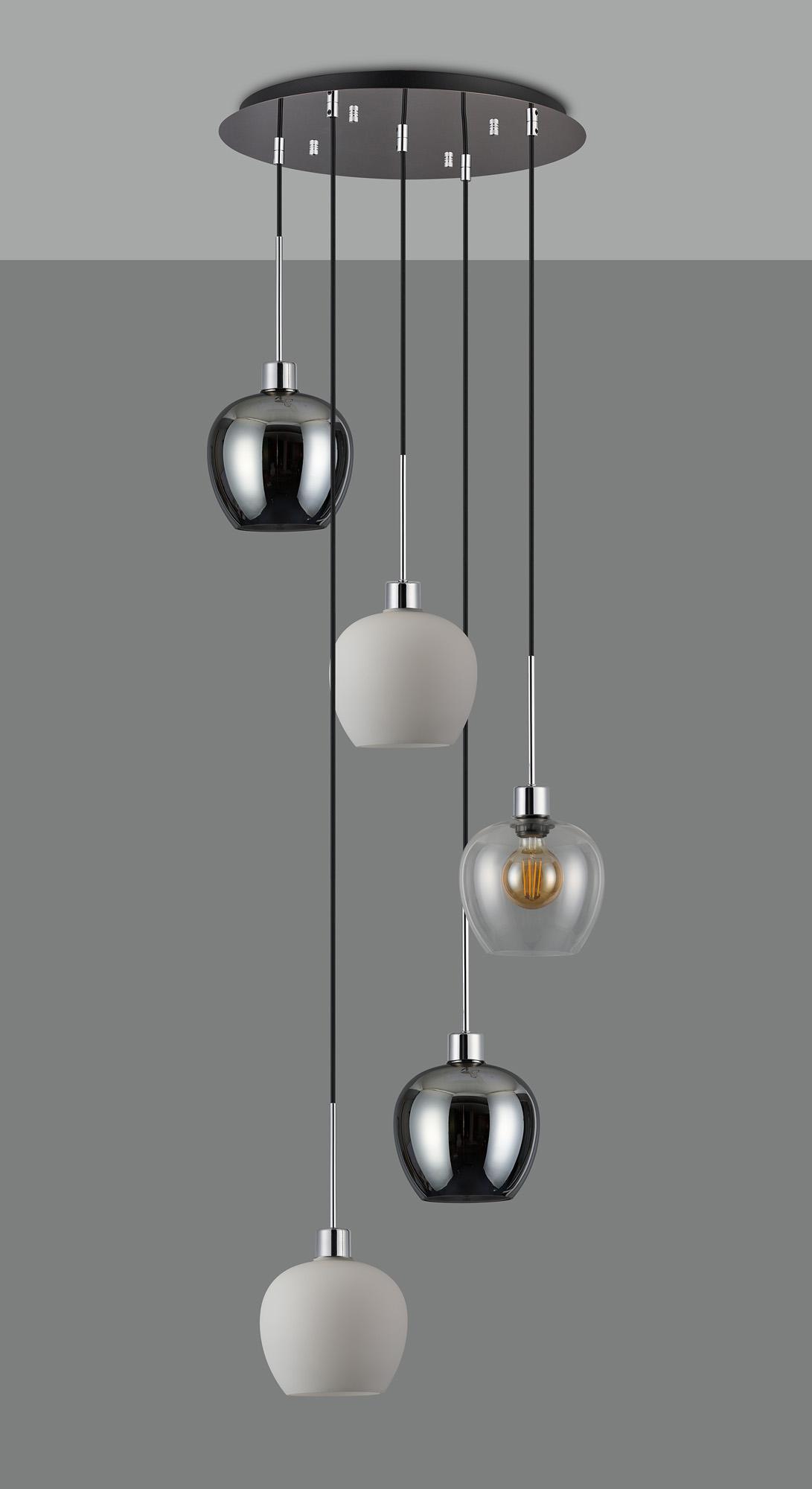 Lori 45cm Round Pendant, 5 Light Adjustable E27, Polished Chrome/Chrome/Opal/Clear Wine Shades
