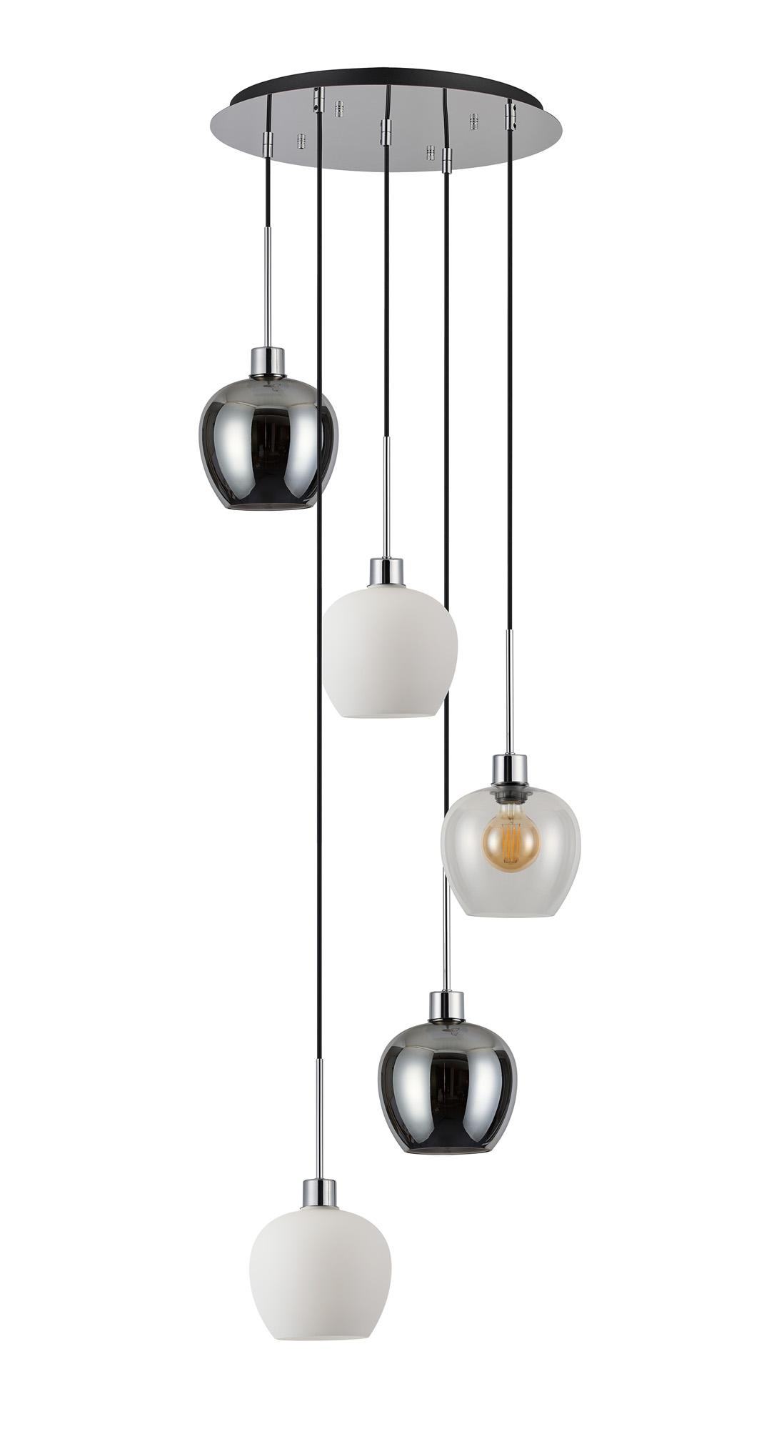 Lori 45cm Round Pendant, 5 Light Adjustable E27, Polished Chrome/Chrome/Opal/Clear Wine Shades