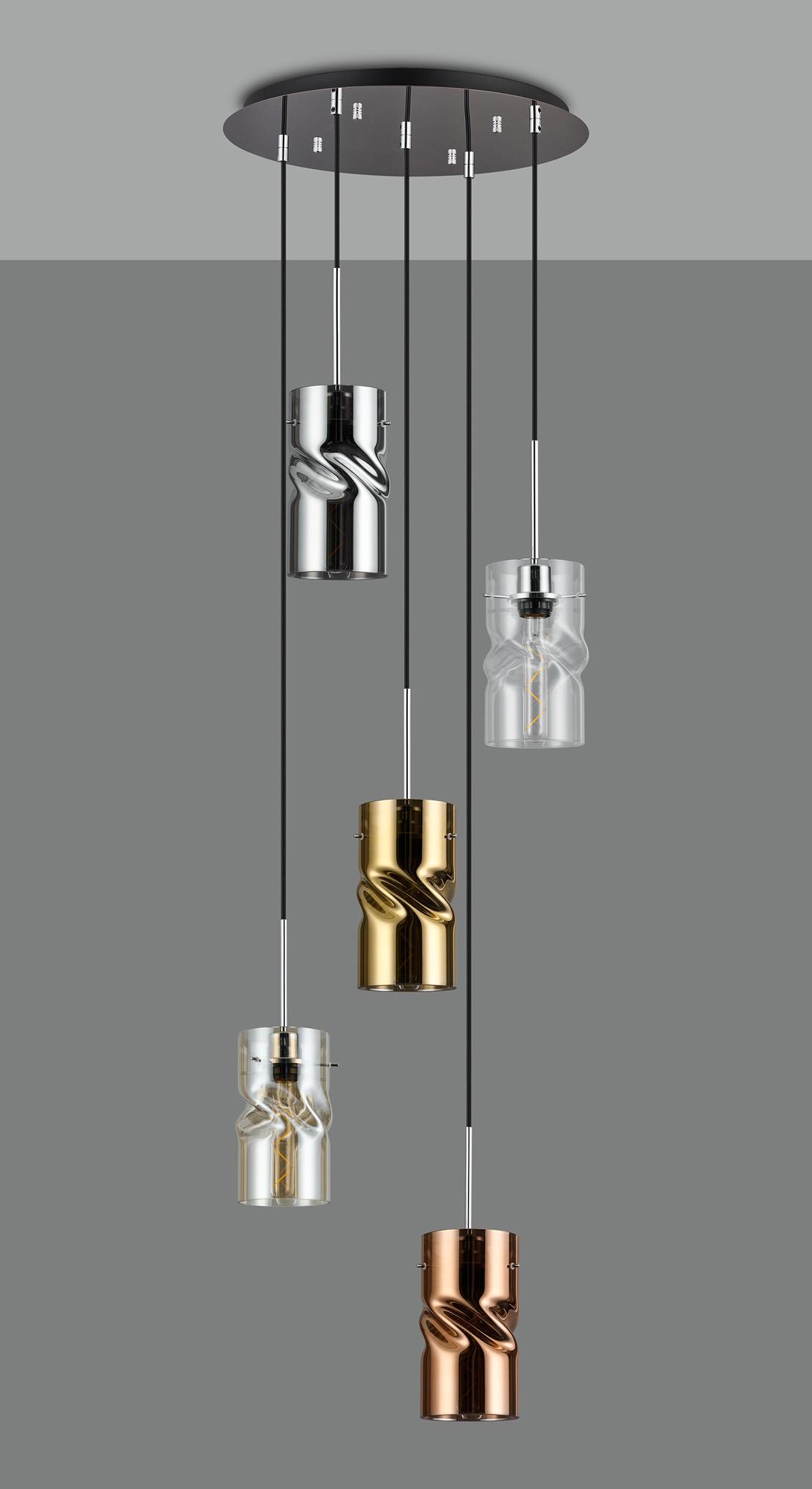 Lori 45cm Round Pendant, 5 Light Adjustable E27, Polished Chrome/Cognac/Chrome/Clear/Copper/Gold Twisted Cylinder Shades