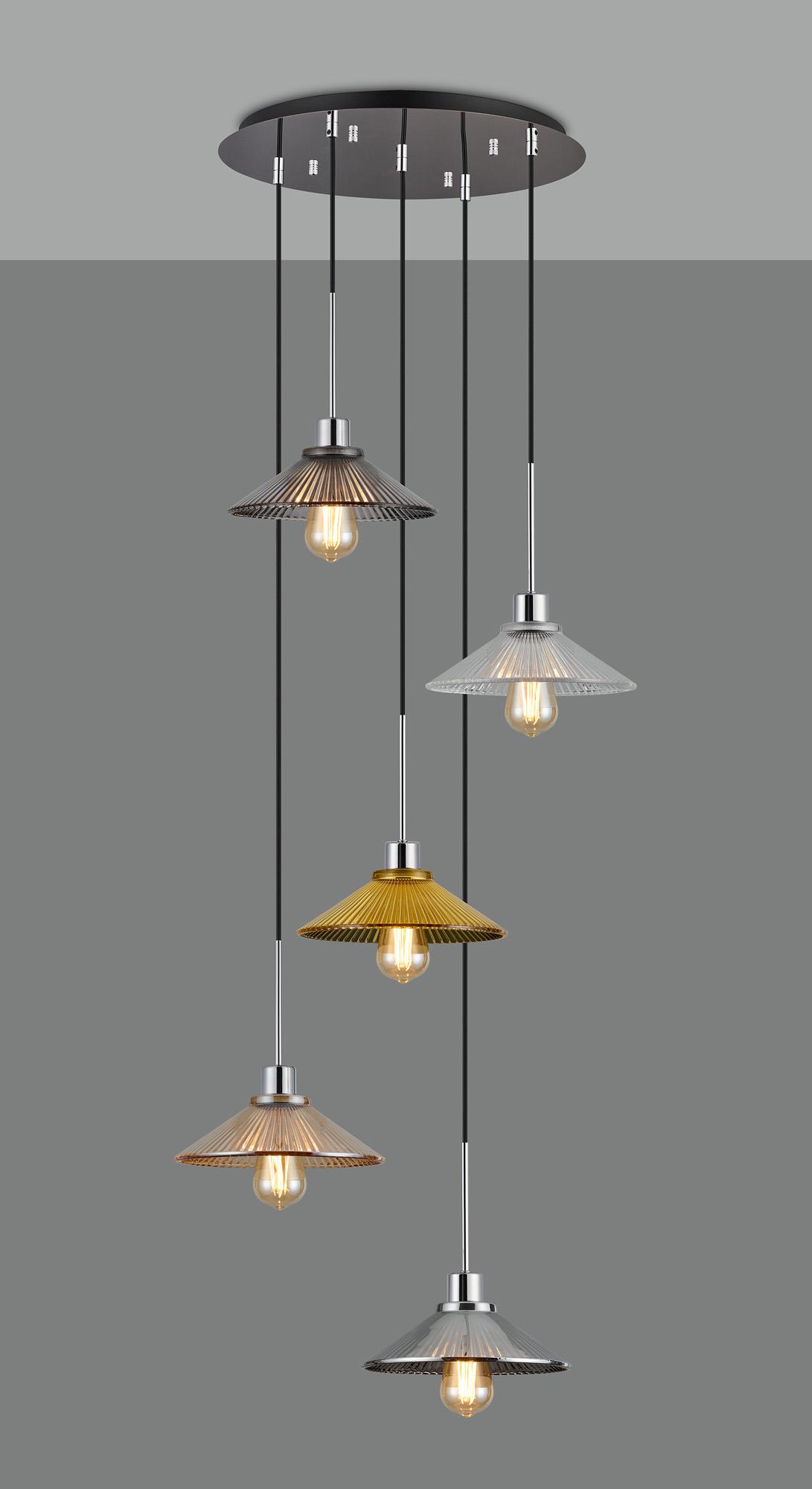 Lori 45cm Round Pendant, 5 Light Adjustable E27, Polished Chrome/Chrome/Amber/Clear/Gold/Smoke Pleated Cone Shades