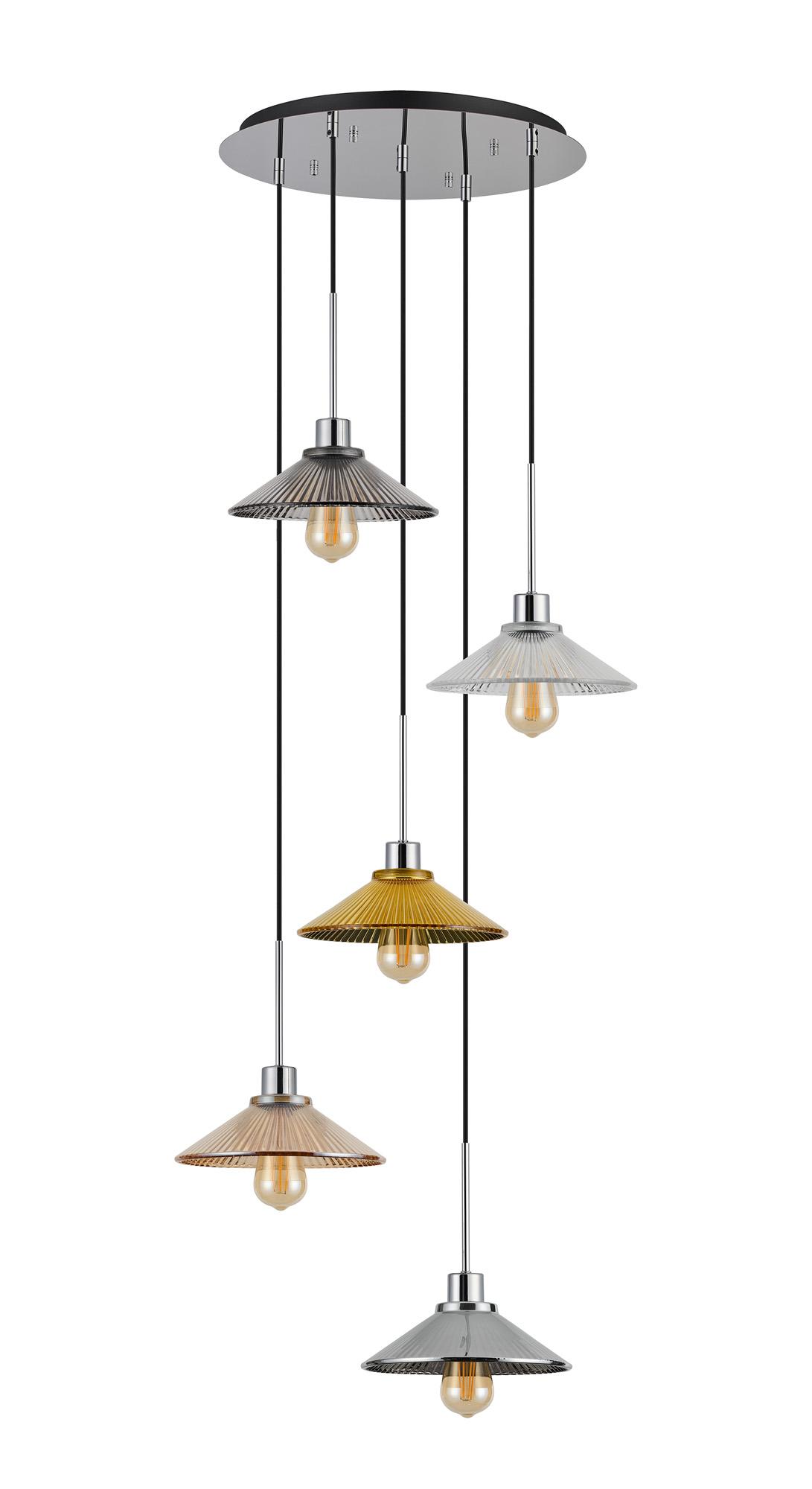 Lori 45cm Round Pendant, 5 Light Adjustable E27, Polished Chrome/Chrome/Amber/Clear/Gold/Smoke Pleated Cone Shades