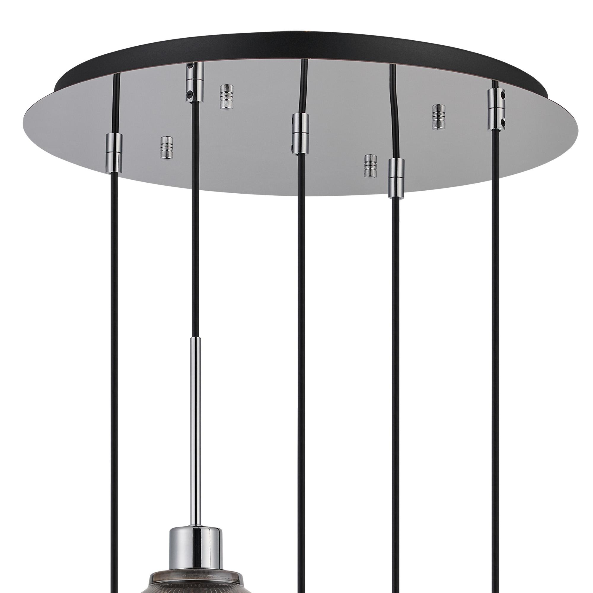 Lori 45cm Round Pendant, 5 Light Adjustable E27, Polished Chrome/Chrome/Amber/Clear/Gold/Smoke Pleated Cone Shades