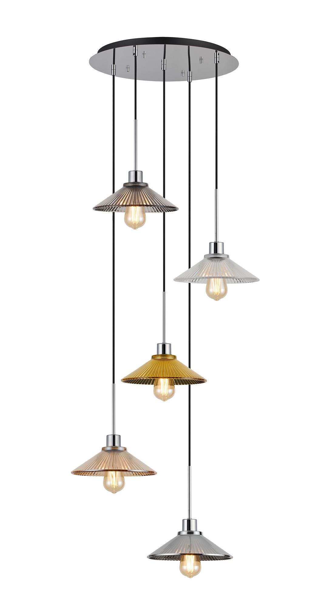Lori 45cm Round Pendant, 5 Light Adjustable E27, Polished Chrome/Chrome/Amber/Clear/Gold/Smoke Pleated Cone Shades