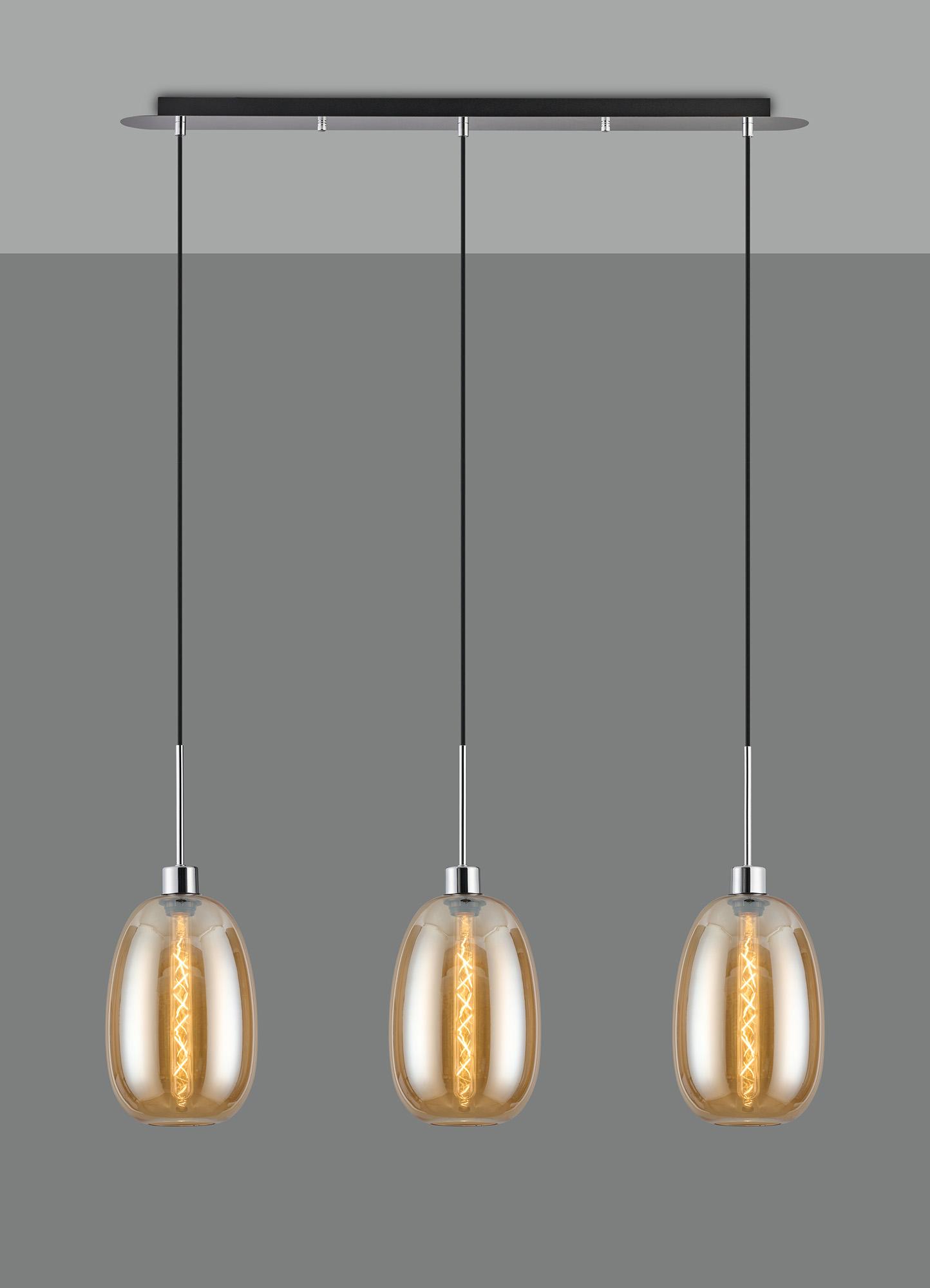Lori Linear Pendant, 3 Light Adjustable E27, Polished Chrome/Amber Slim Curved Trapezium Shades