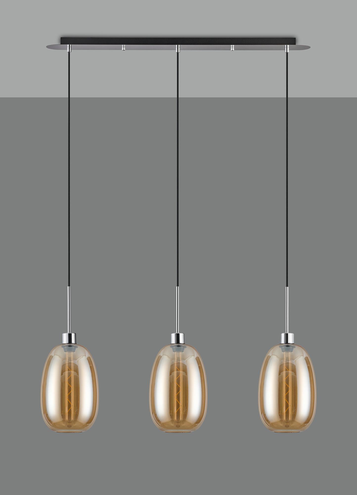 Lori Linear Pendant, 3 Light Adjustable E27, Polished Chrome/Amber Slim Curved Trapezium Shades