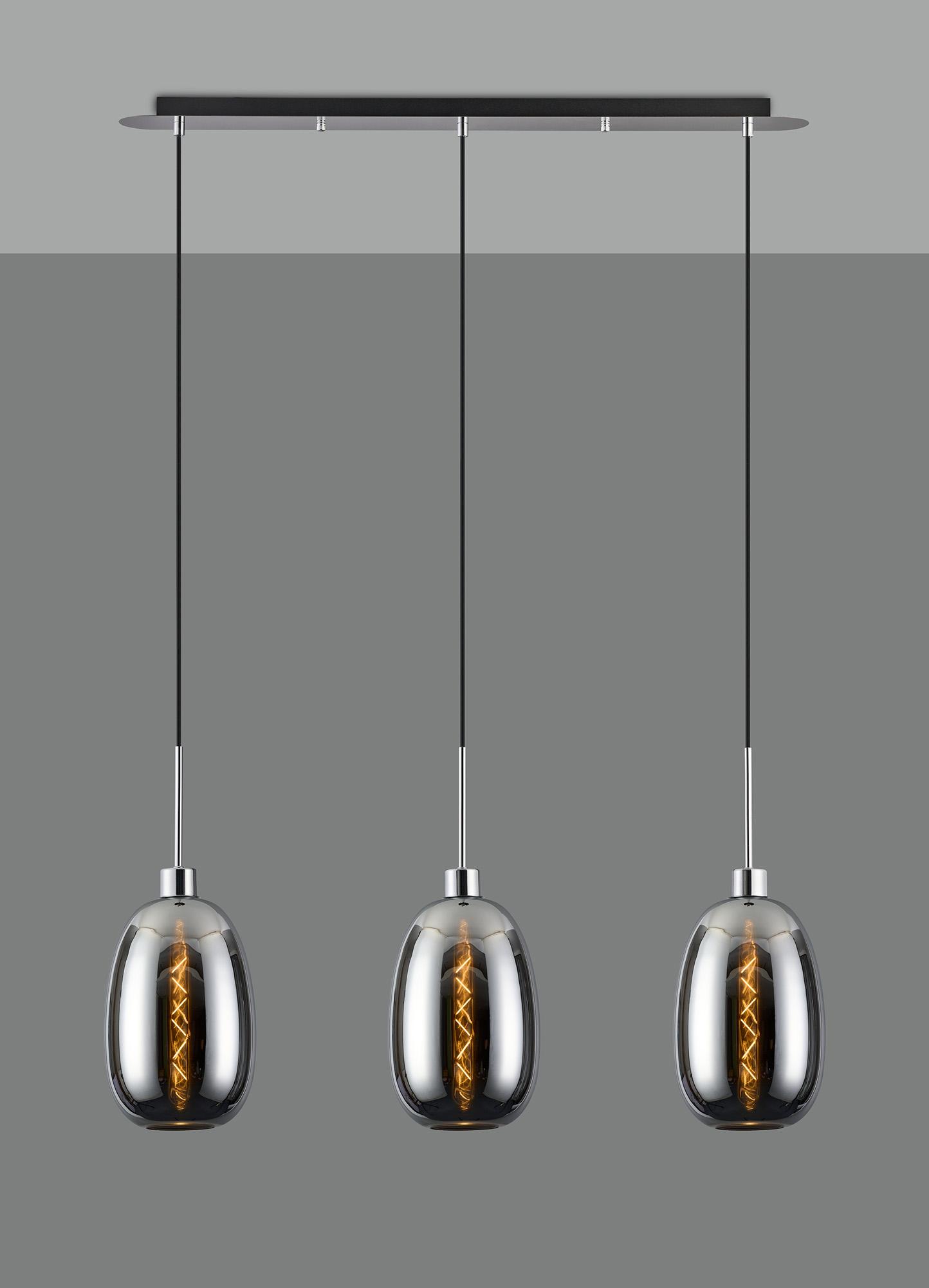 Lori Linear Pendant, 3 Light Adjustable E27, Polished Chrome/Chrome Slim Curved Trapezium Shades