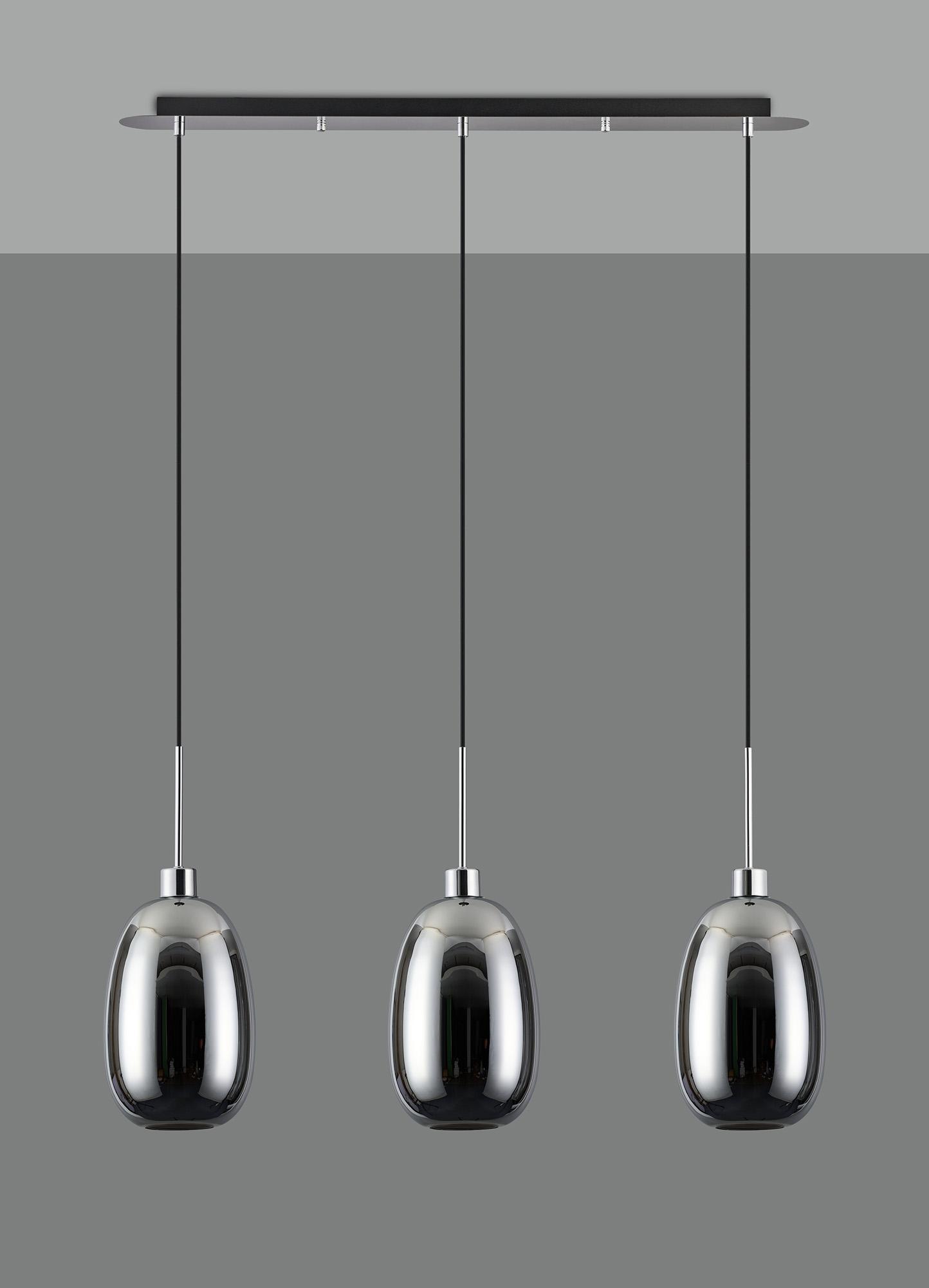 Lori Linear Pendant, 3 Light Adjustable E27, Polished Chrome/Chrome Slim Curved Trapezium Shades