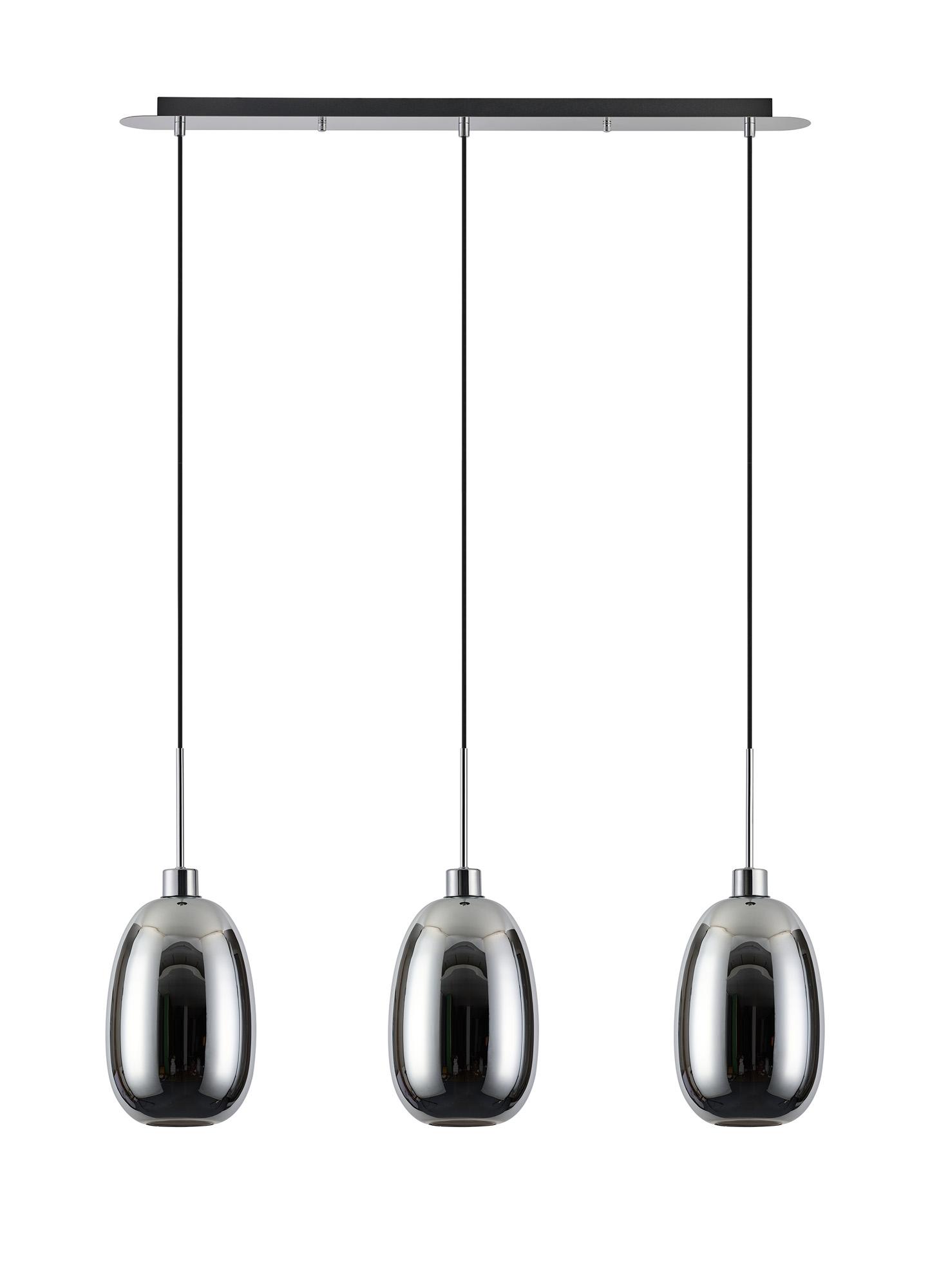 Lori Linear Pendant, 3 Light Adjustable E27, Polished Chrome/Chrome Slim Curved Trapezium Shades
