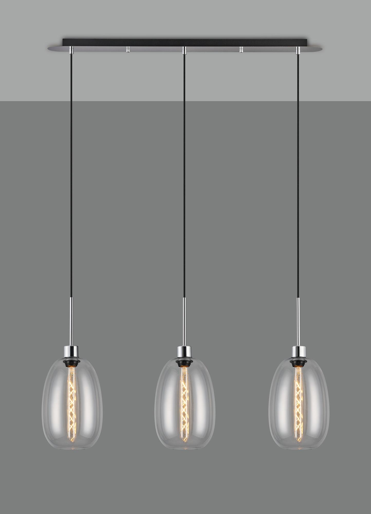 Lori Linear Pendant, 3 Light Adjustable E27, Polished Chrome/Clear Slim Curved Trapezium Shades